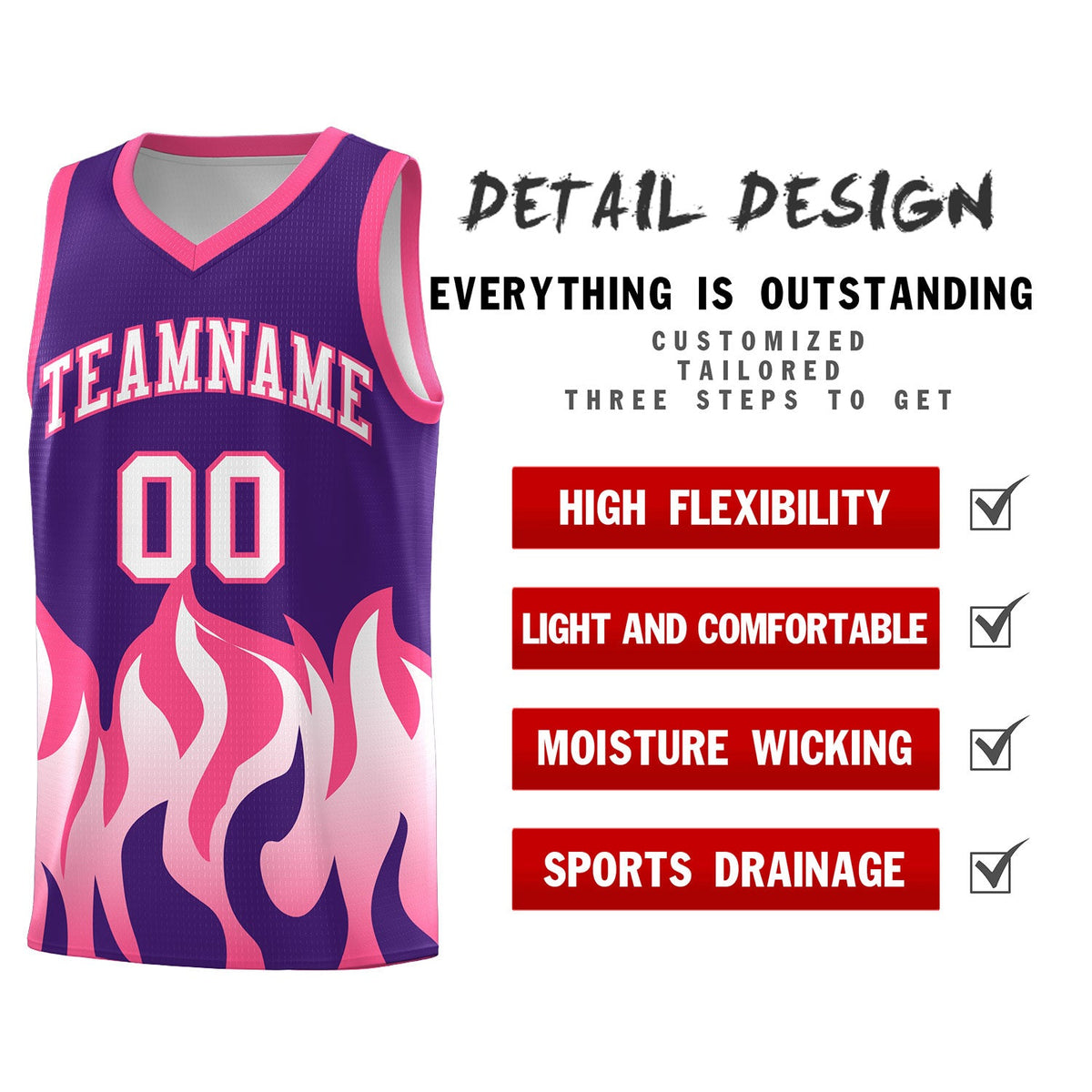 Custom Purple Pink Hem Flame Pattern Fashion Sports Uniform Basketball jersey