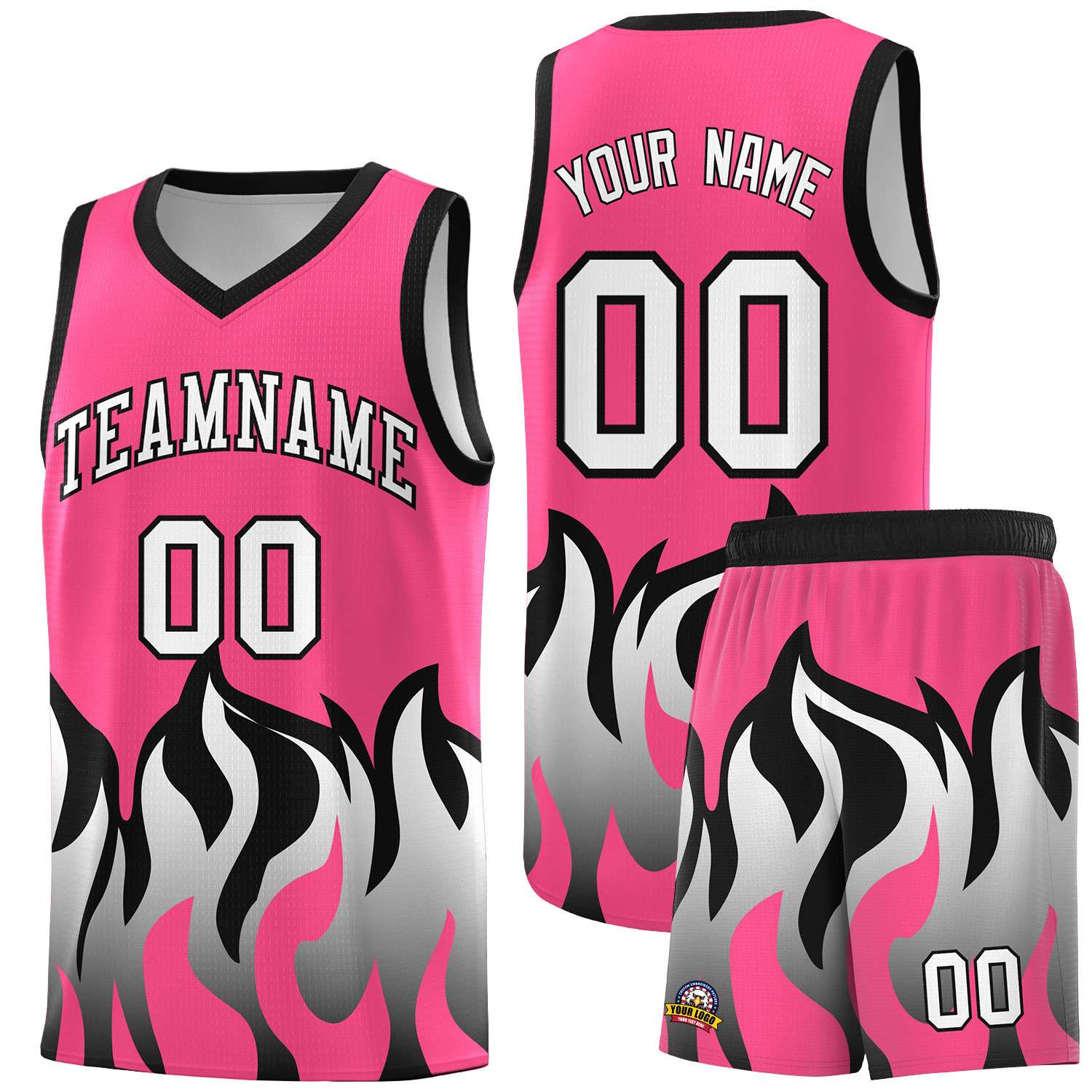 Custom Pink Black Hem Flame Pattern Fashion Sports Uniform Basketball jersey