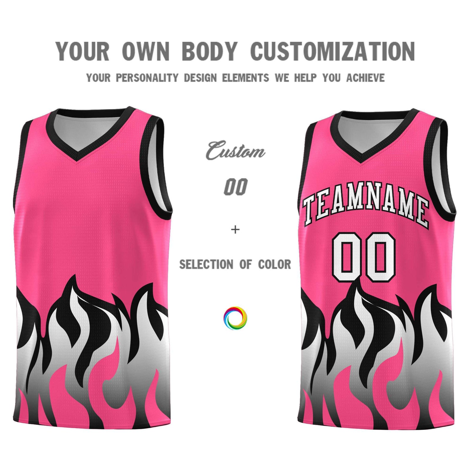 Custom Pink Black Hem Flame Pattern Fashion Sports Uniform Basketball jersey