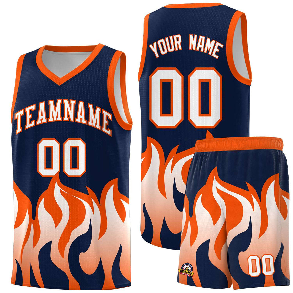 Custom Navy Orange Hem Flame Pattern Fashion Sports Uniform Basketball jersey