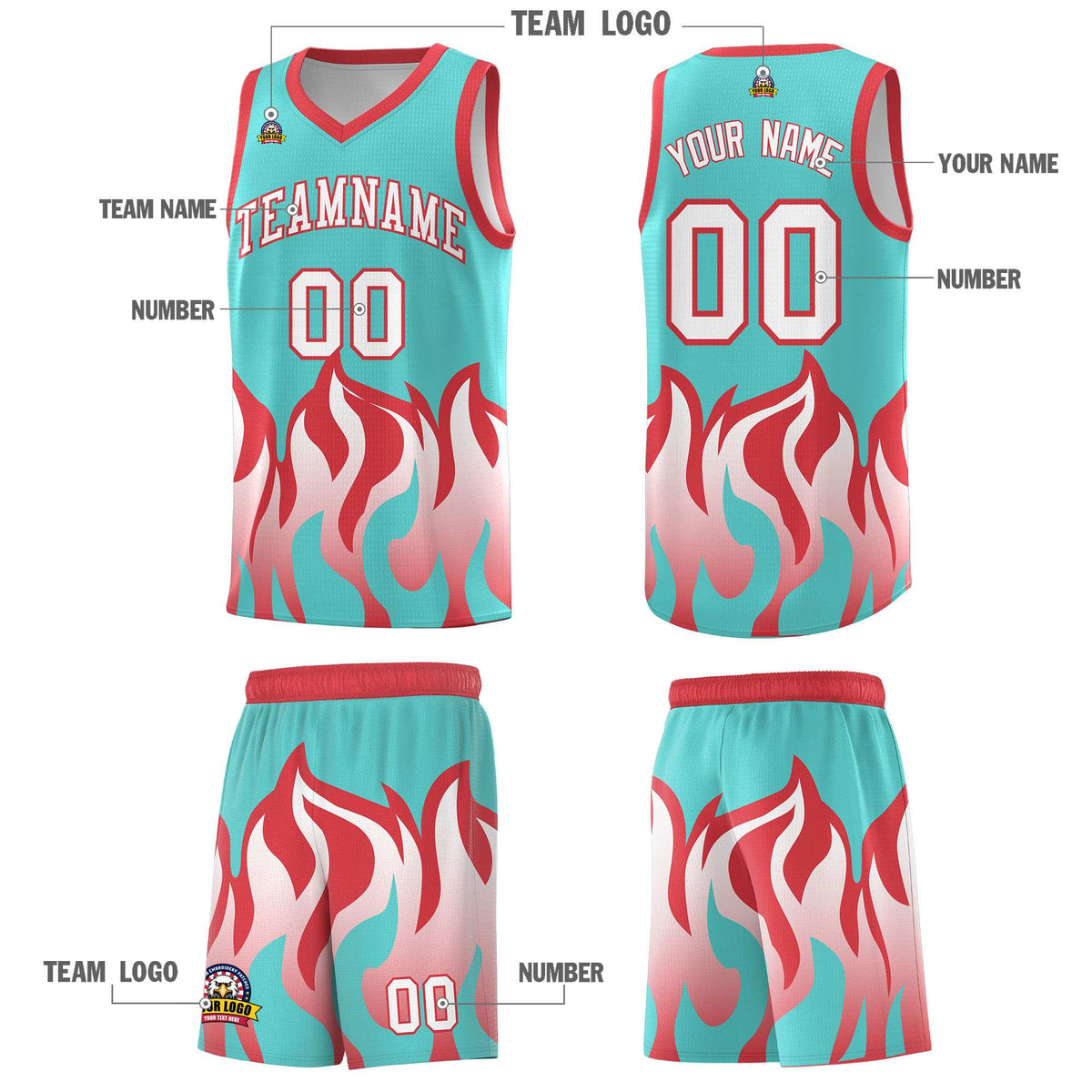 Custom Bright Green Light Red Hem Flame Pattern Fashion Sports Uniform Basketball jersey