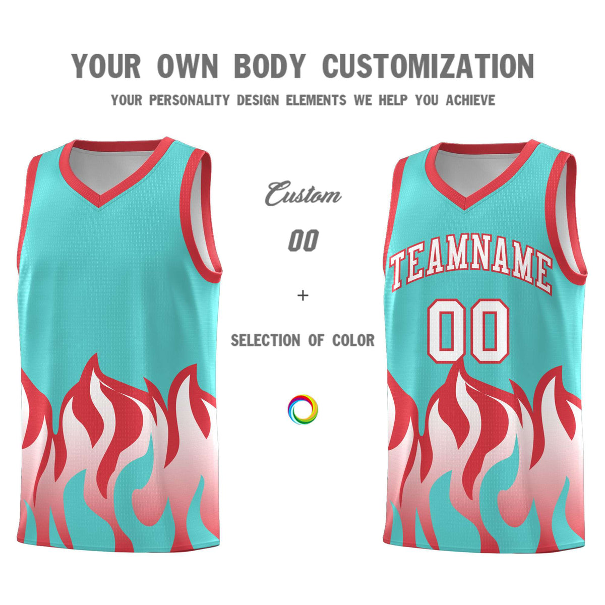 Custom Bright Green Light Red Hem Flame Pattern Fashion Sports Uniform Basketball jersey