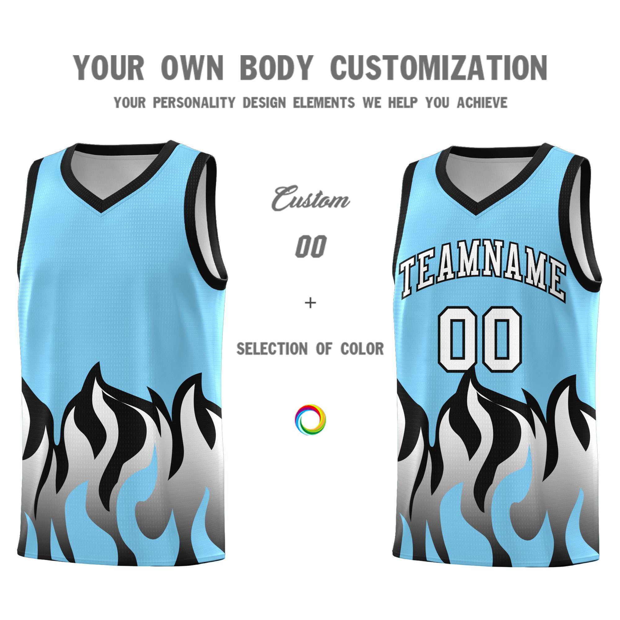 Custom Light Blue Black Hem Flame Pattern Fashion Sports Uniform Basketball jersey