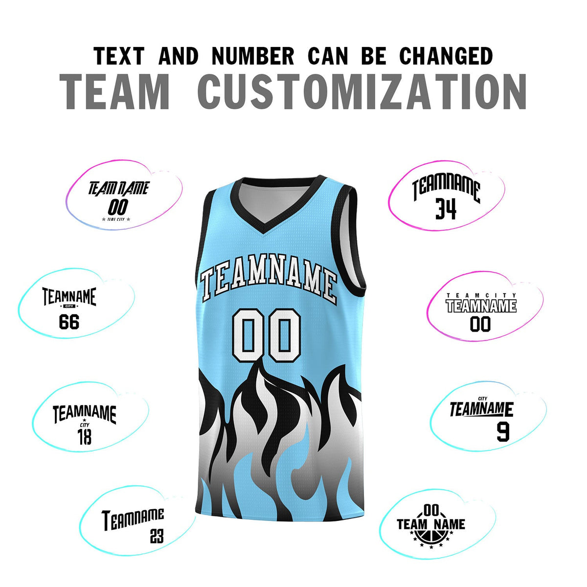 Custom Light Blue Black Hem Flame Pattern Fashion Sports Uniform Basketball jersey