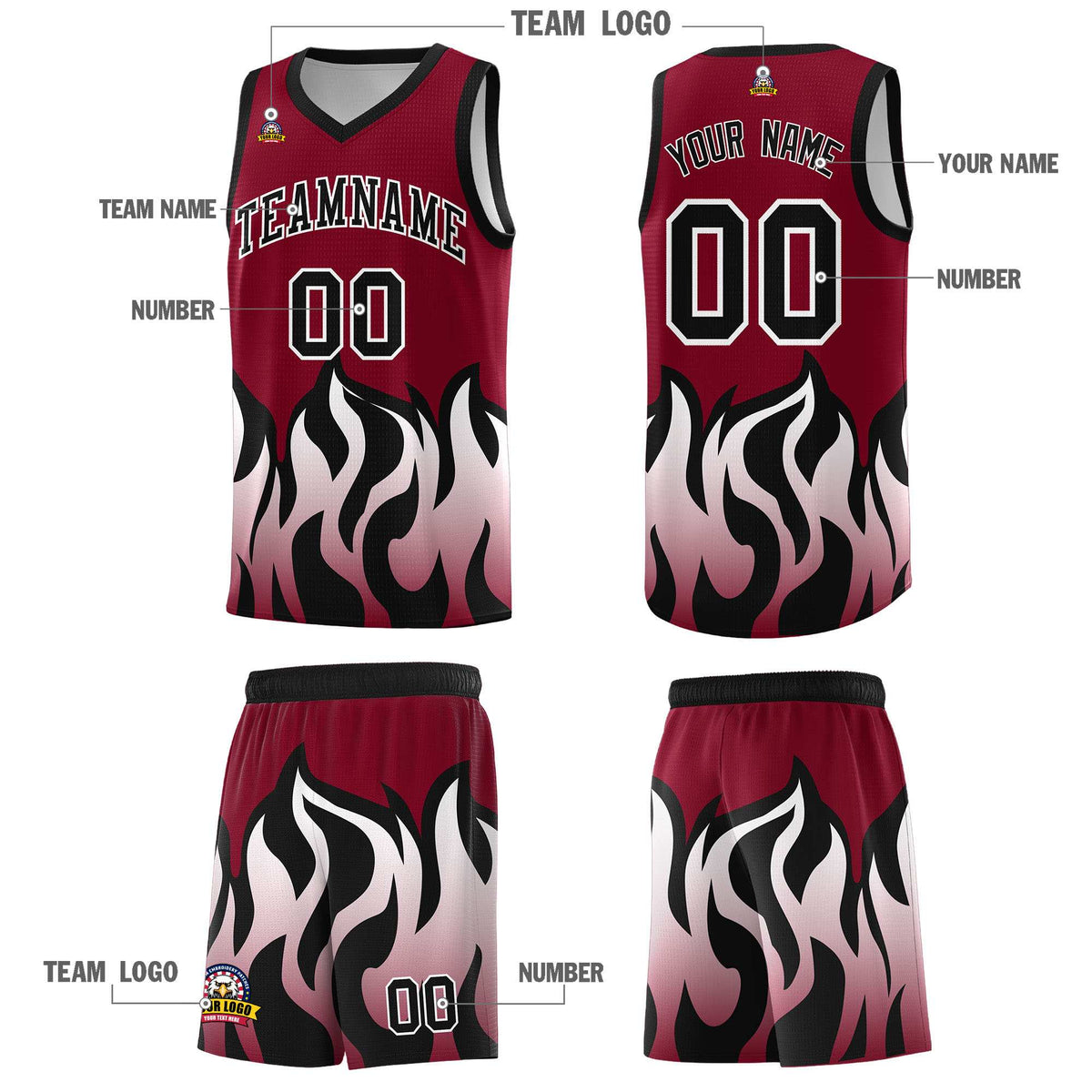Custom Crimson Black Hem Flame Pattern Fashion Sports Uniform Basketball jersey