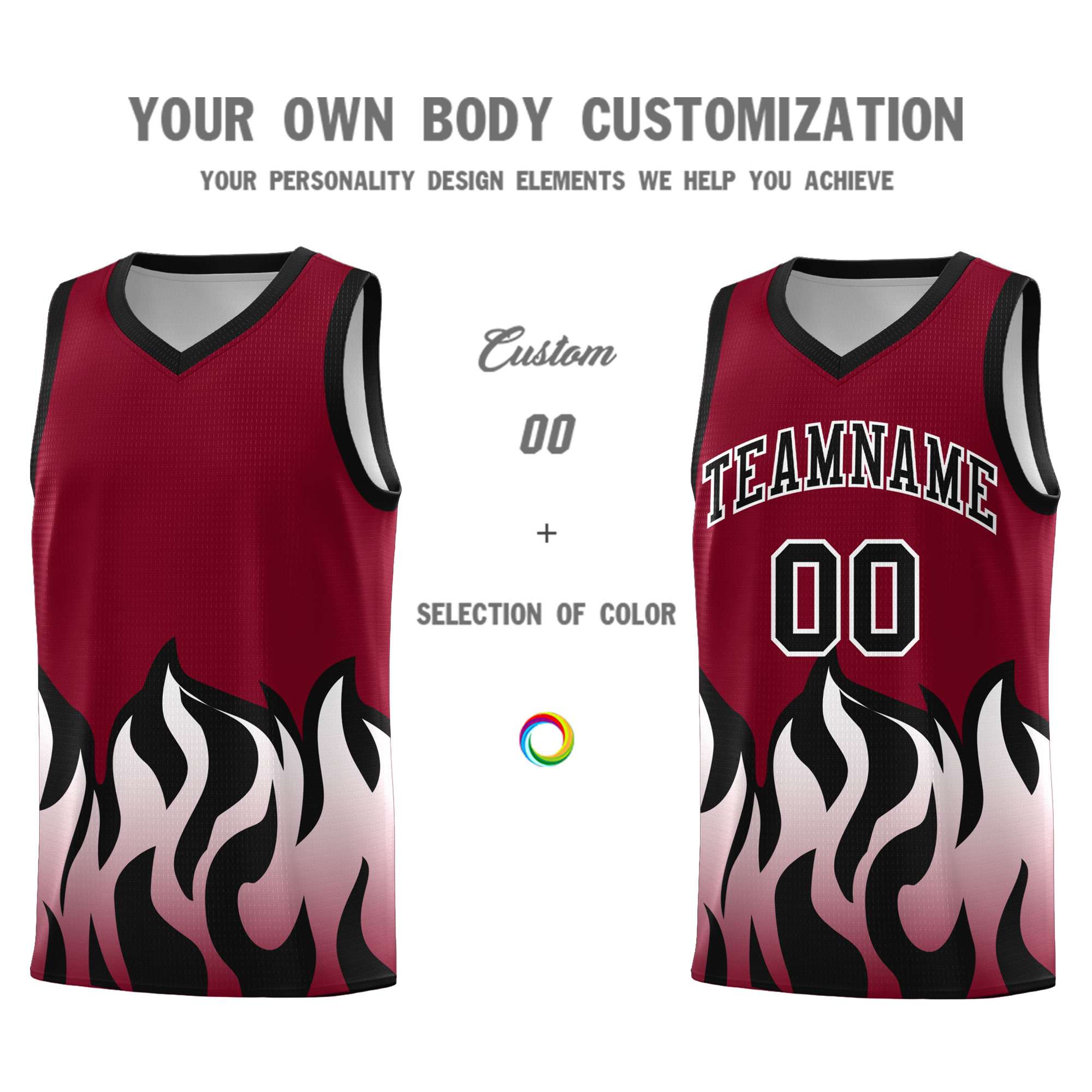 Custom Crimson Black Hem Flame Pattern Fashion Sports Uniform Basketball jersey