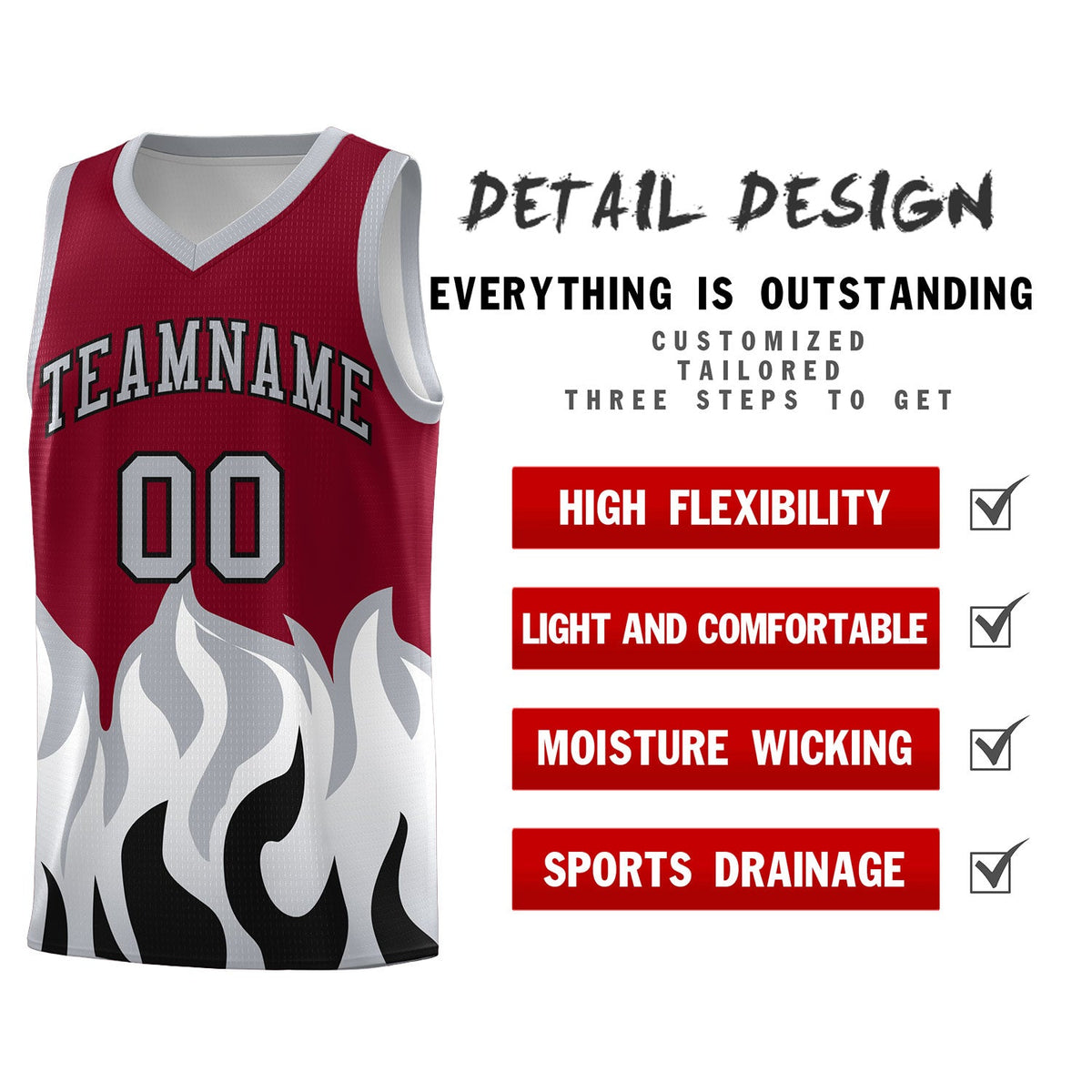 Custom Crimson Gray Hem Flame Pattern Fashion Sports Uniform Basketball jersey