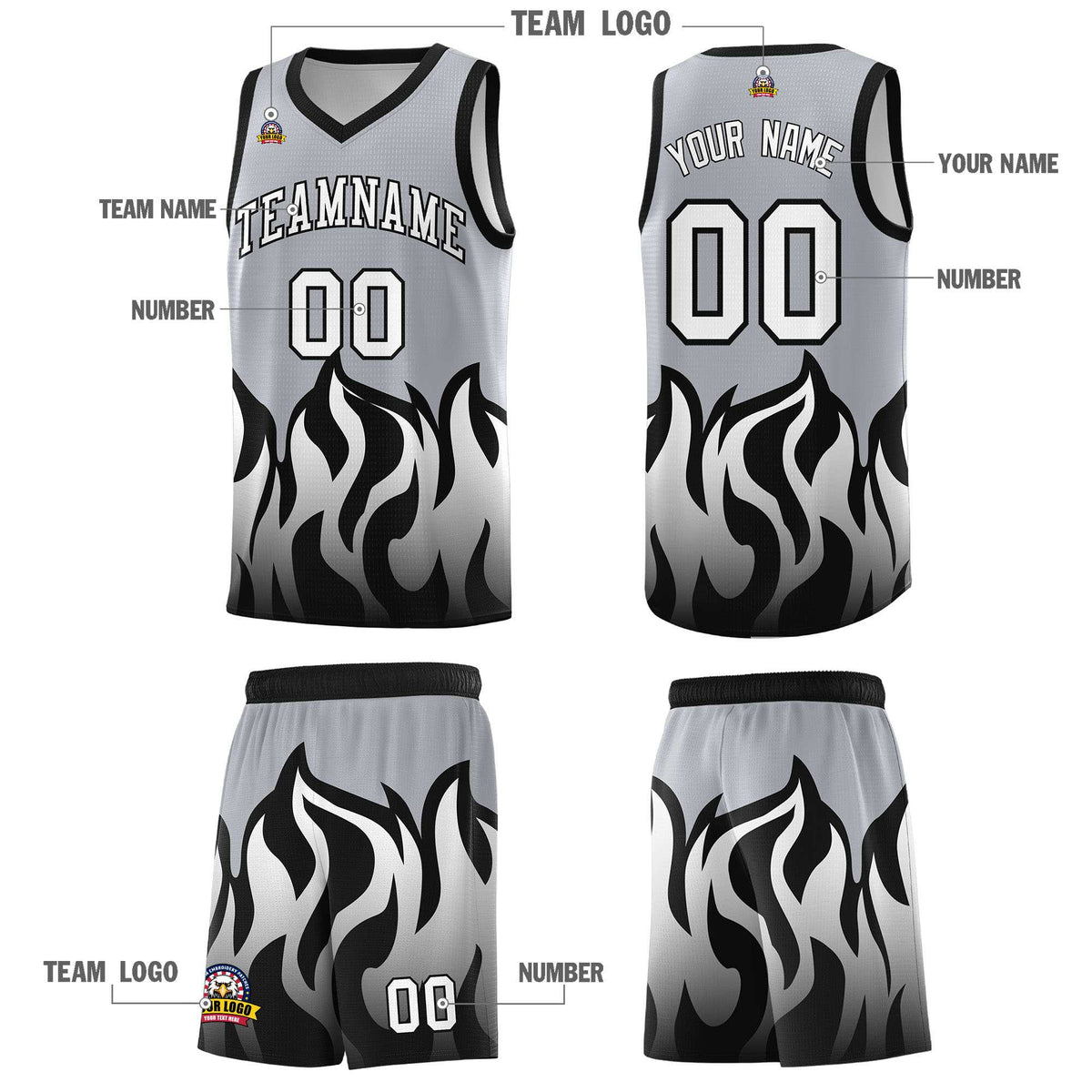 Custom Gray Black Hem Flame Pattern Fashion Sports Uniform Basketball jersey