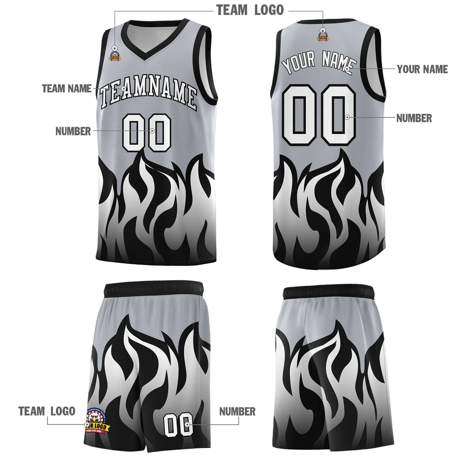 Custom Gray Black Hem Flame Pattern Fashion Sports Uniform Basketball jersey