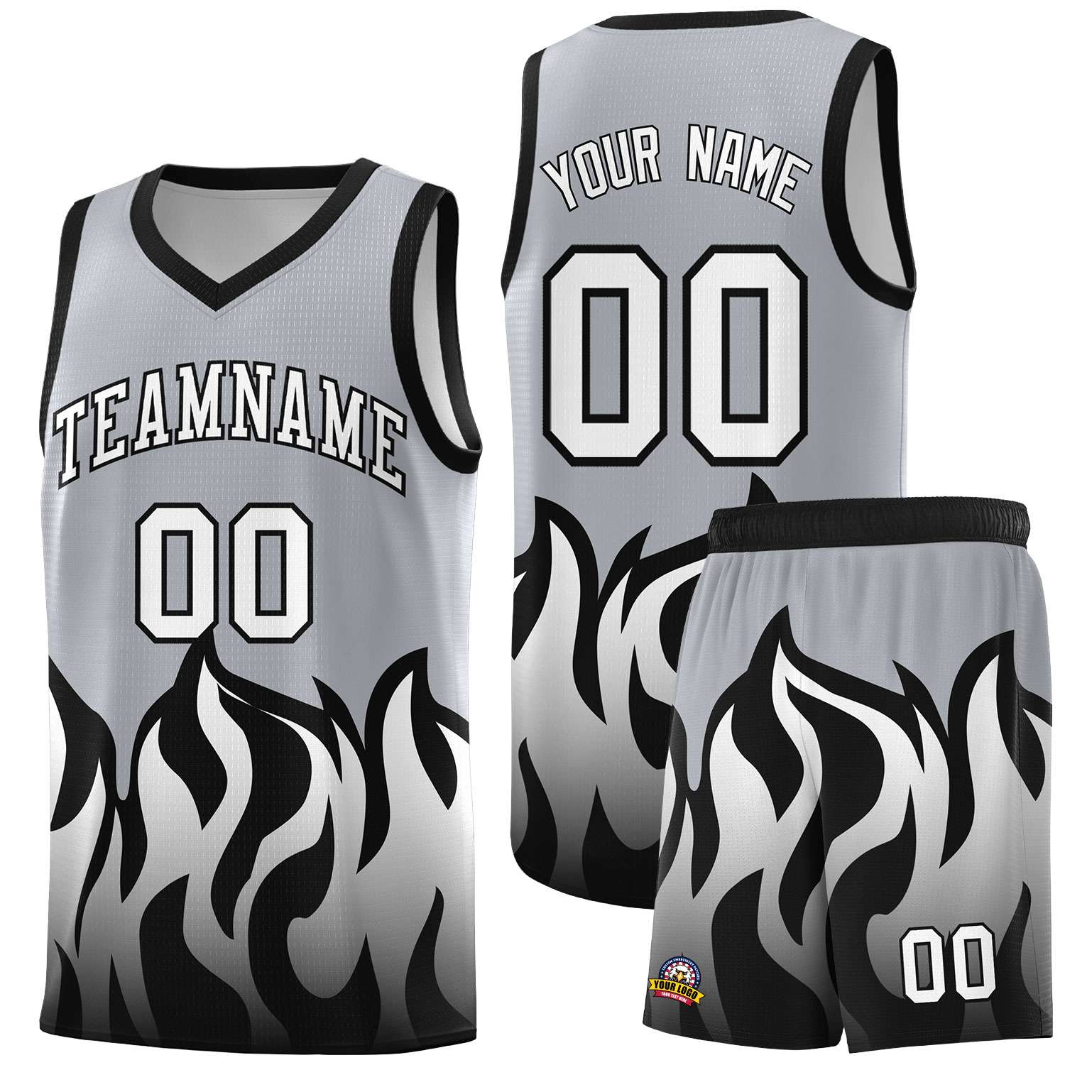 Custom Gray Black Hem Flame Pattern Fashion Sports Uniform Basketball jersey