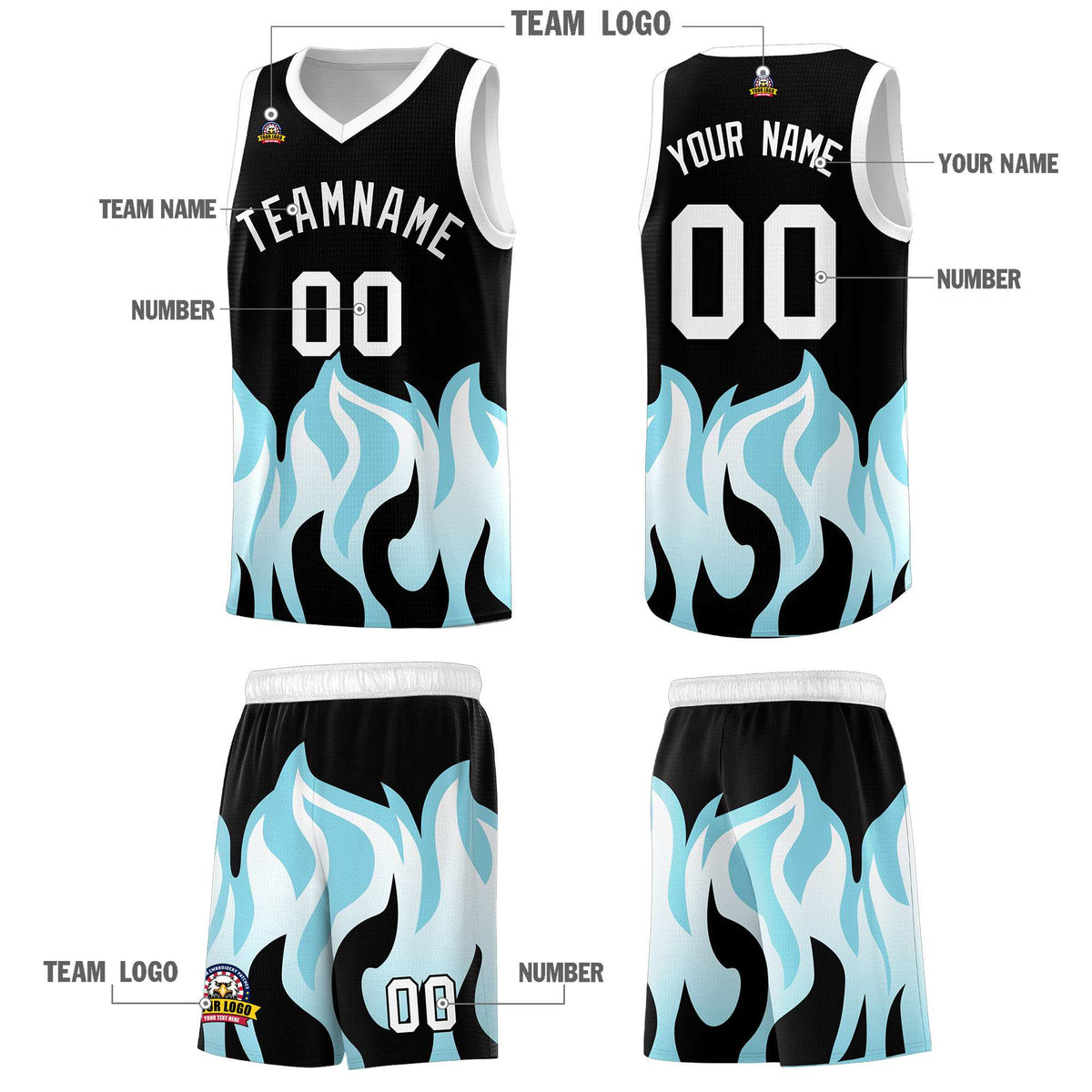 Custom Black Sky Blue Hem Flame Pattern Fashion Sports Uniform Basketball jersey