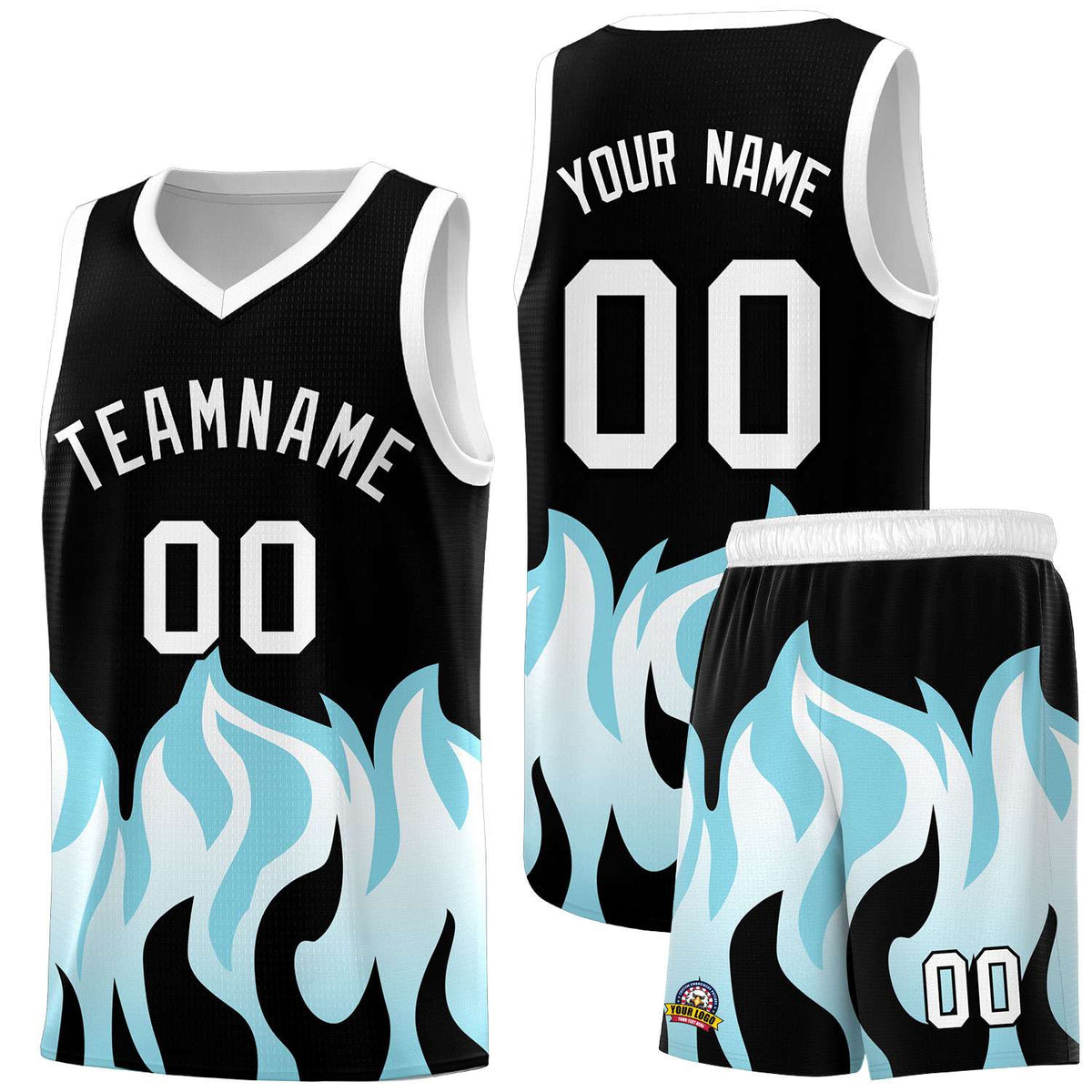Custom Black Sky Blue Hem Flame Pattern Fashion Sports Uniform Basketball jersey