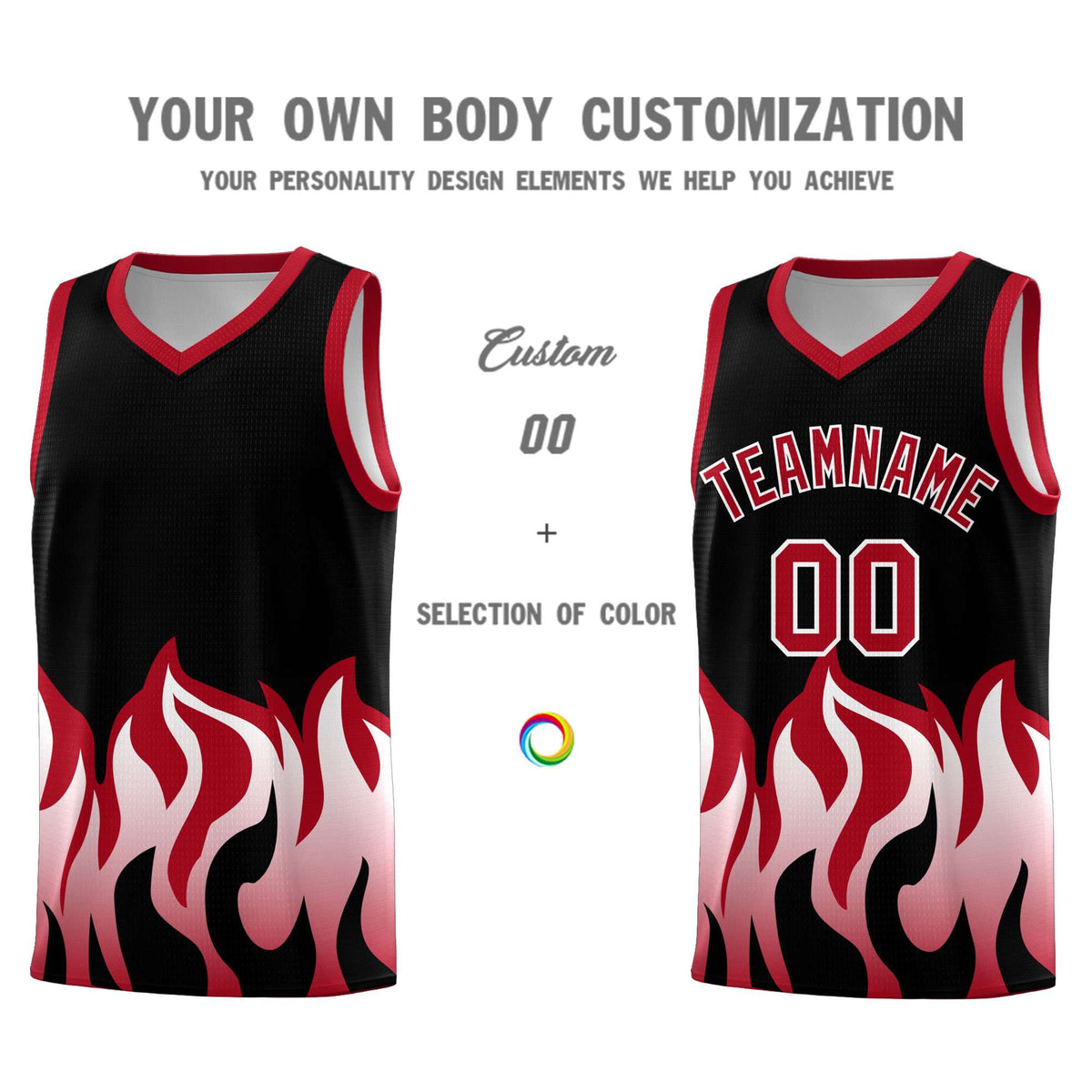 Custom Black Red Hem Flame Pattern Fashion Sports Uniform Basketball jersey