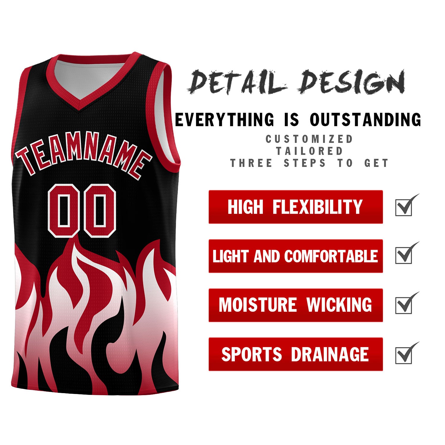 Custom Black Red Hem Flame Pattern Fashion Sports Uniform Basketball jersey