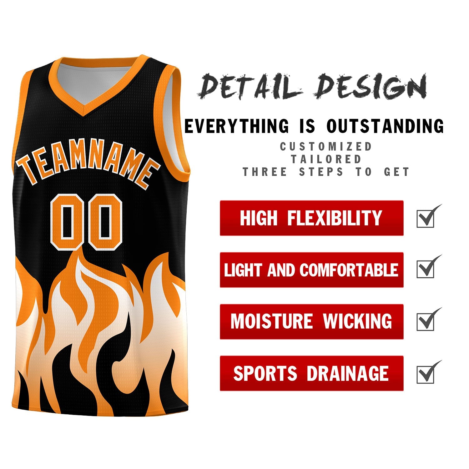Custom Black Orange Hem Flame Pattern Fashion Sports Uniform Basketball jersey