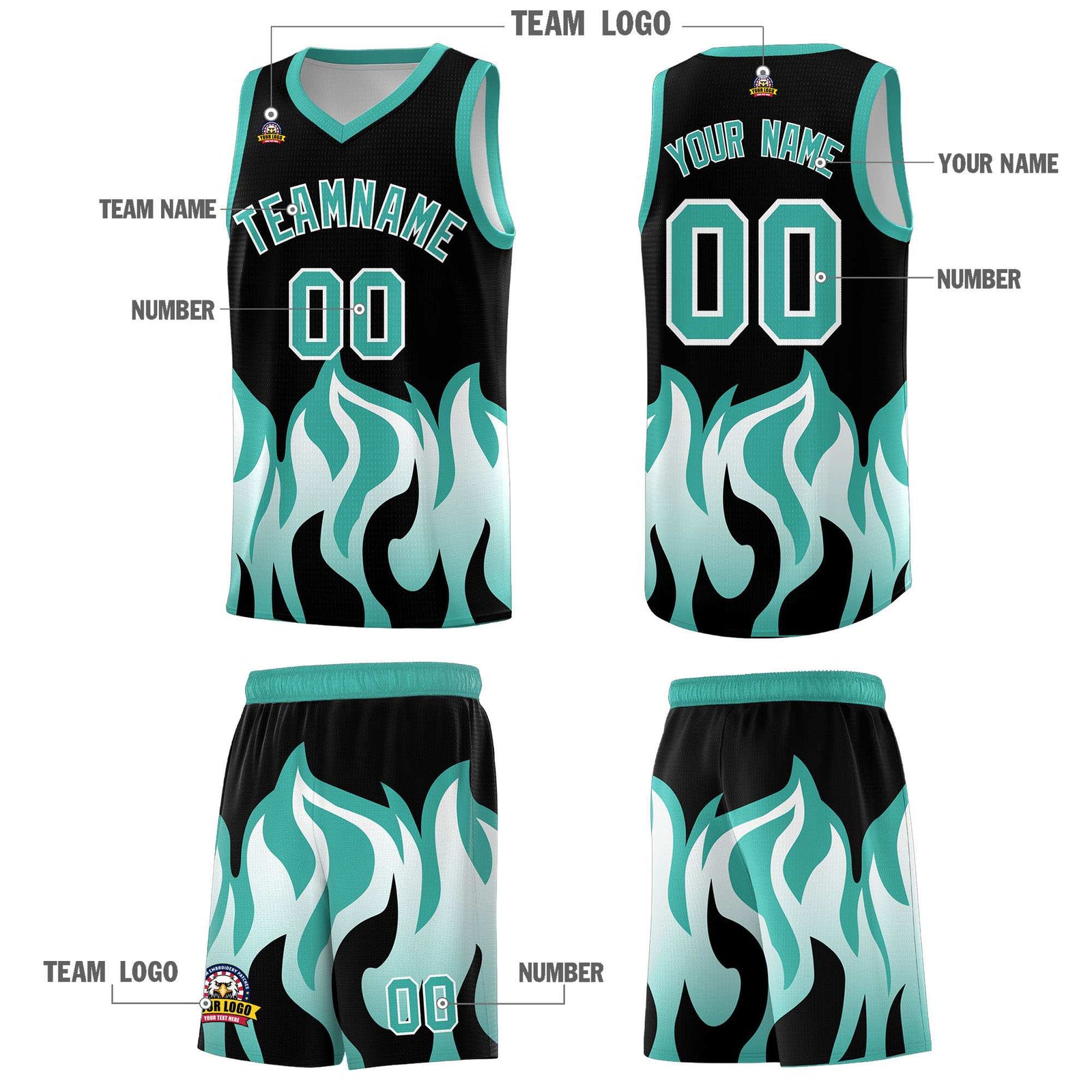 Custom Black Bright Green Hem Flame Pattern Fashion Sports Uniform Basketball jersey