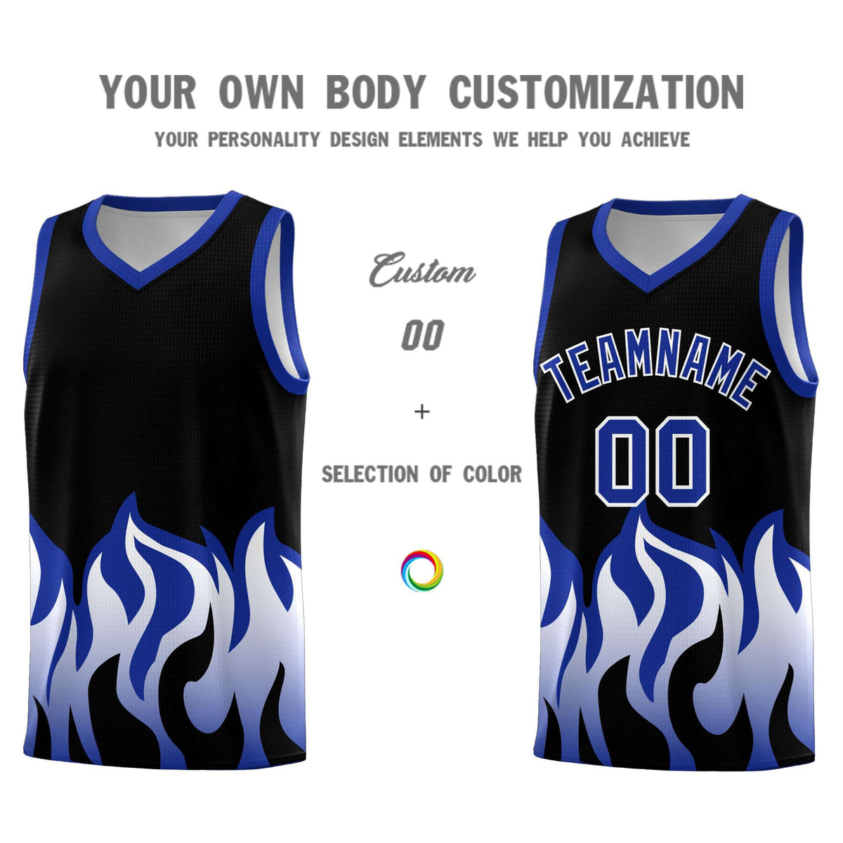 Custom Black Royal Hem Flame Pattern Fashion Sports Uniform Basketball jersey