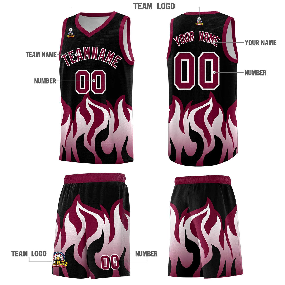 Custom Black Crimson Hem Flame Pattern Fashion Sports Uniform Basketball jersey
