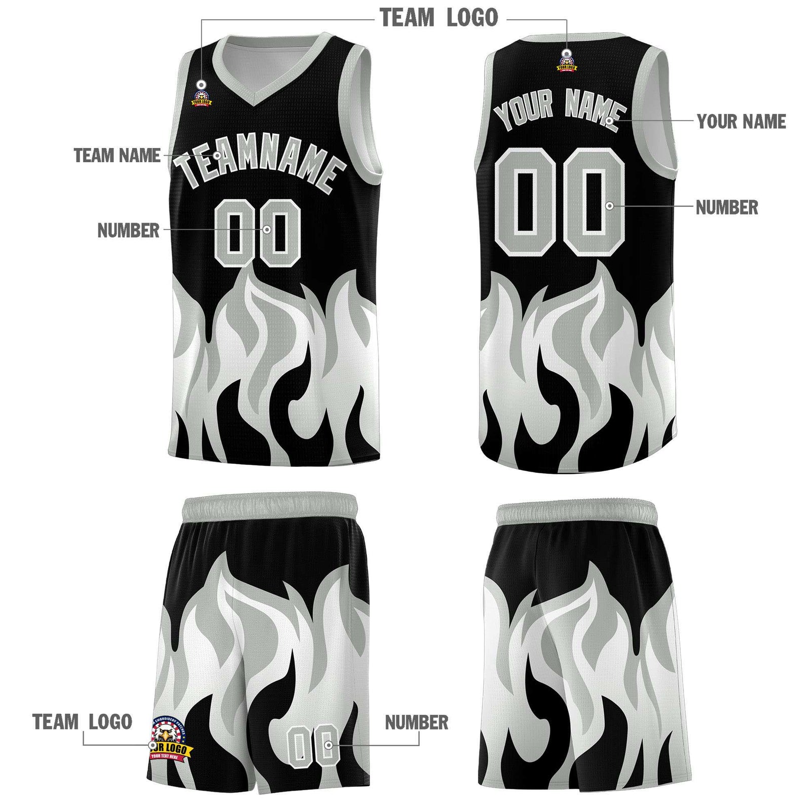 Custom Black Gray Hem Flame Pattern Fashion Sports Uniform Basketball jersey