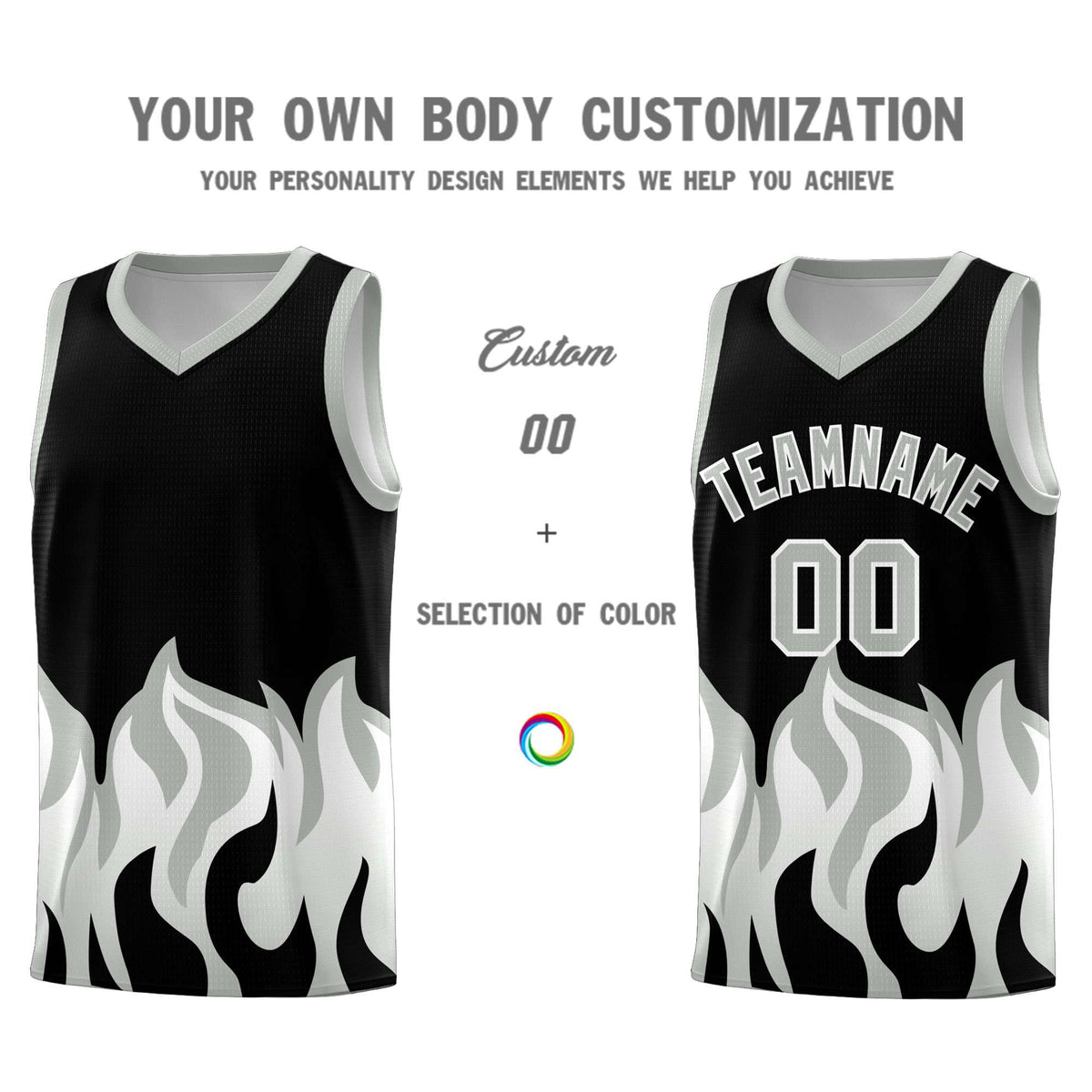 Custom Black Gray Hem Flame Pattern Fashion Sports Uniform Basketball jersey
