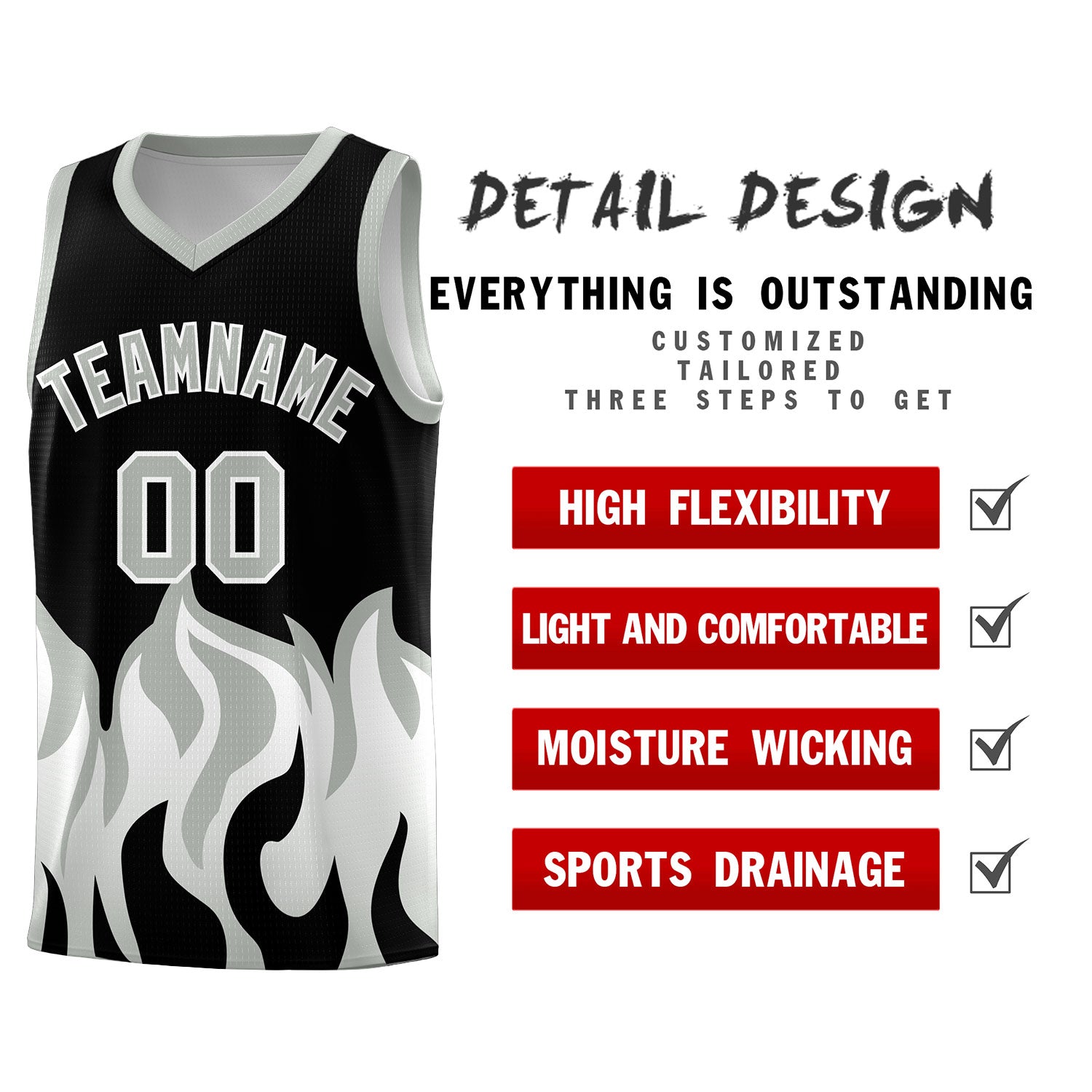 Custom Black Gray Hem Flame Pattern Fashion Sports Uniform Basketball jersey