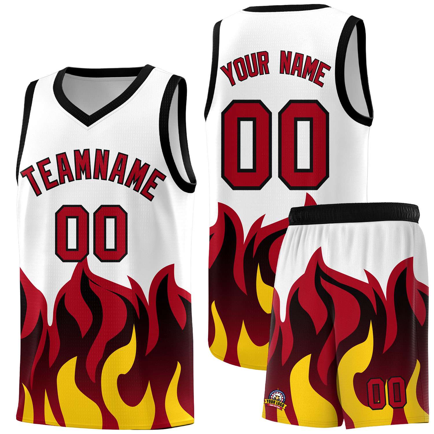 Custom White Red Hem Flame Pattern Fashion Sports Uniform Basketball jersey
