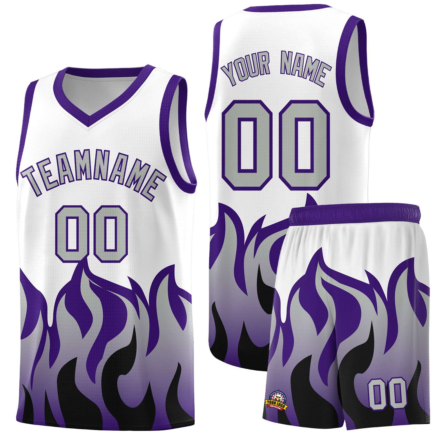 Custom White Purple Hem Flame Pattern Fashion Sports Uniform Basketball jersey