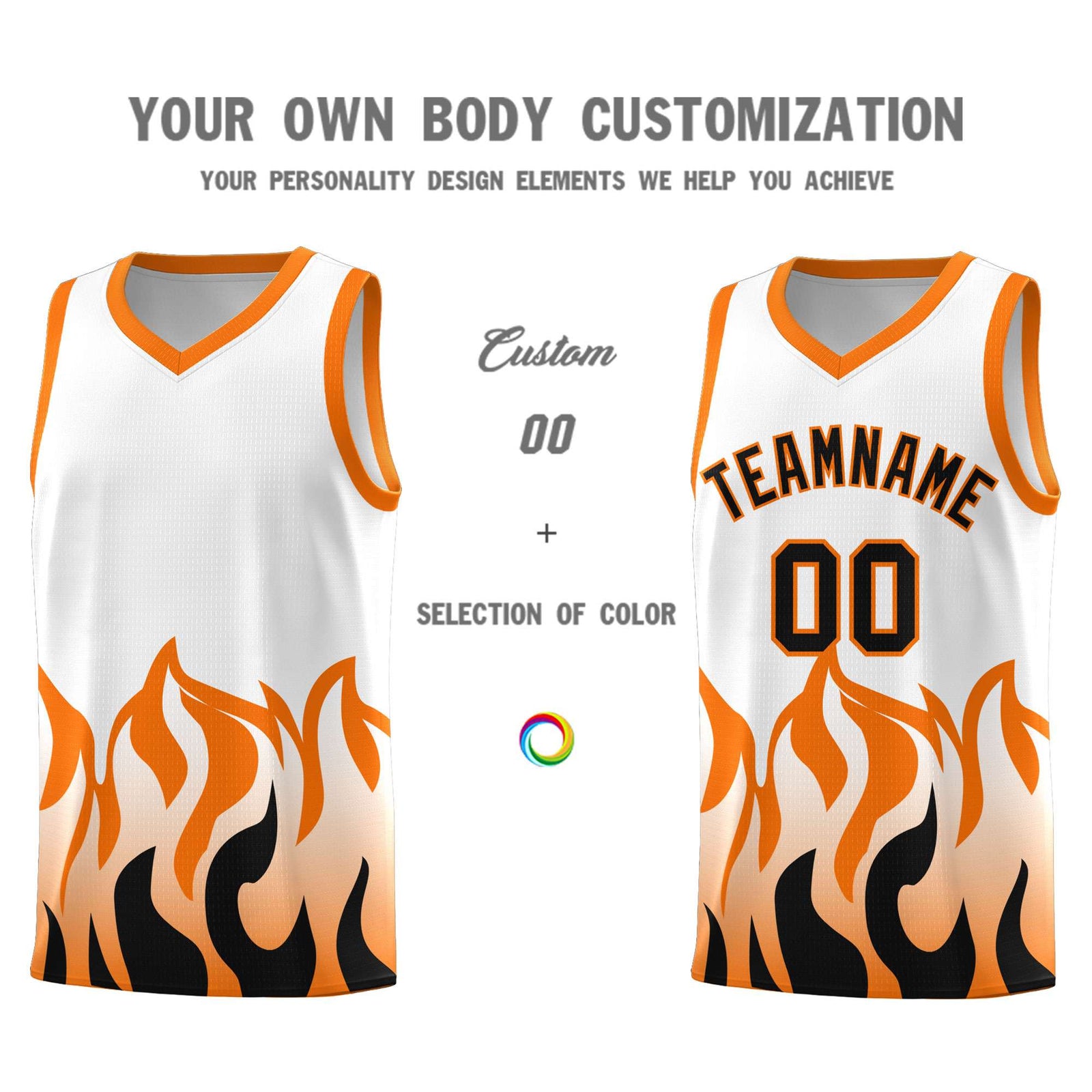 Custom White Orange Hem Flame Pattern Fashion Sports Uniform Basketball jersey