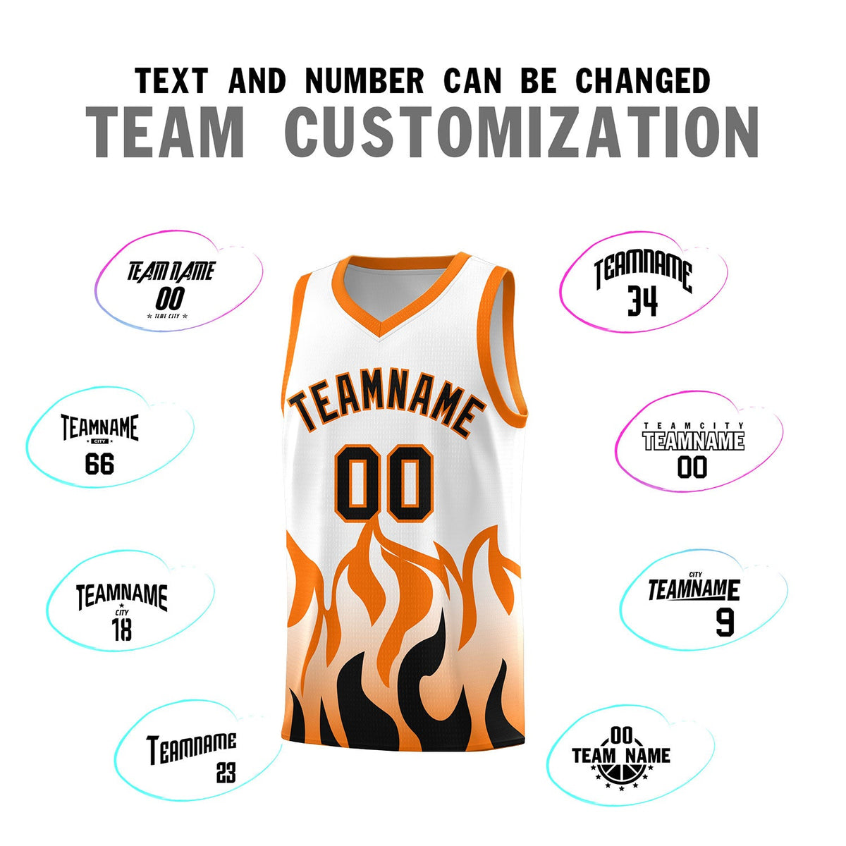 Custom White Orange Hem Flame Pattern Fashion Sports Uniform Basketball jersey
