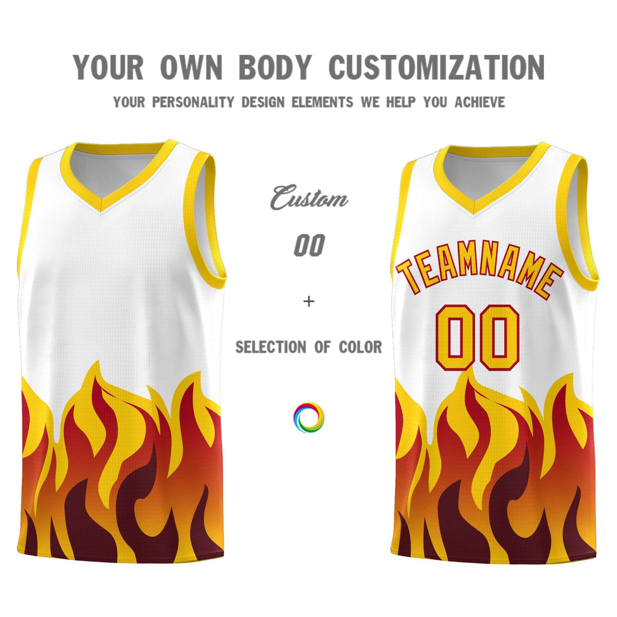 Custom White Gold Hem Flame Pattern Fashion Sports Uniform Basketball jersey