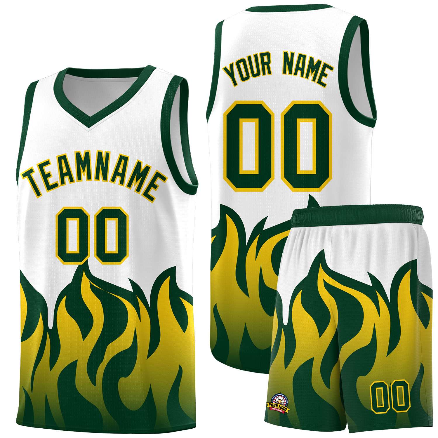 Custom White Hunter Green Hem Flame Pattern Fashion Sports Uniform Basketball jersey