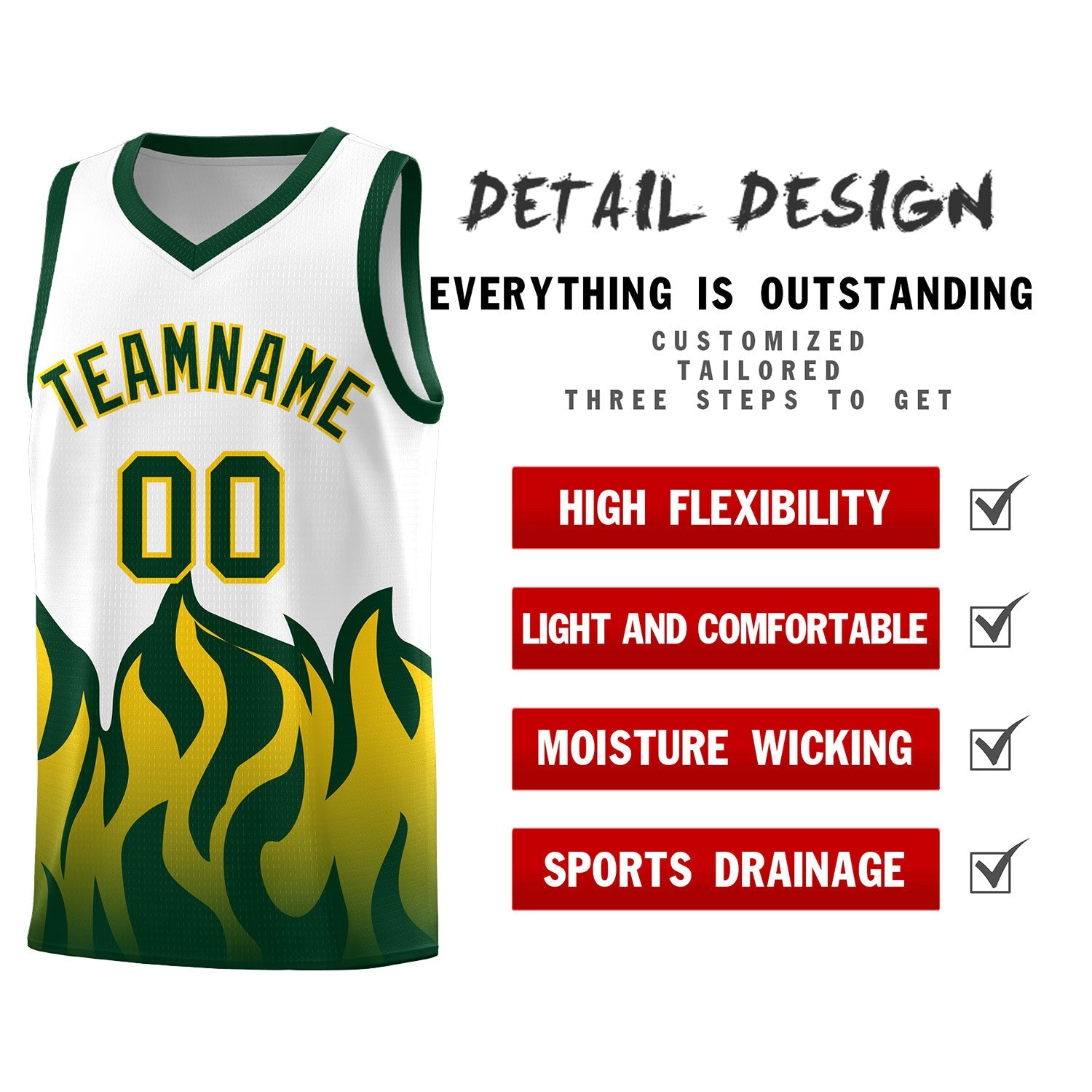 Custom White Hunter Green Hem Flame Pattern Fashion Sports Uniform Basketball jersey