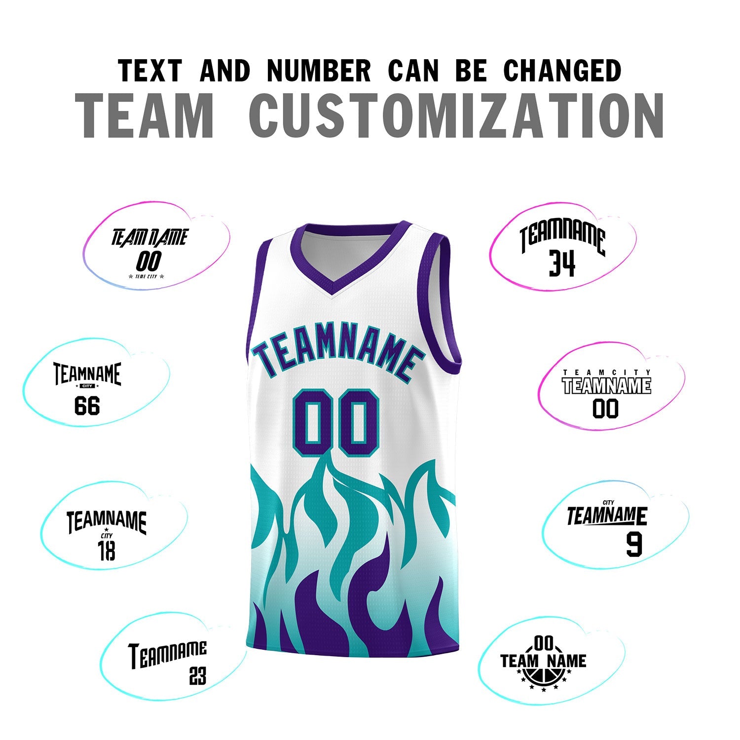 Custom White Aqua Hem Flame Pattern Fashion Sports Uniform Basketball jersey