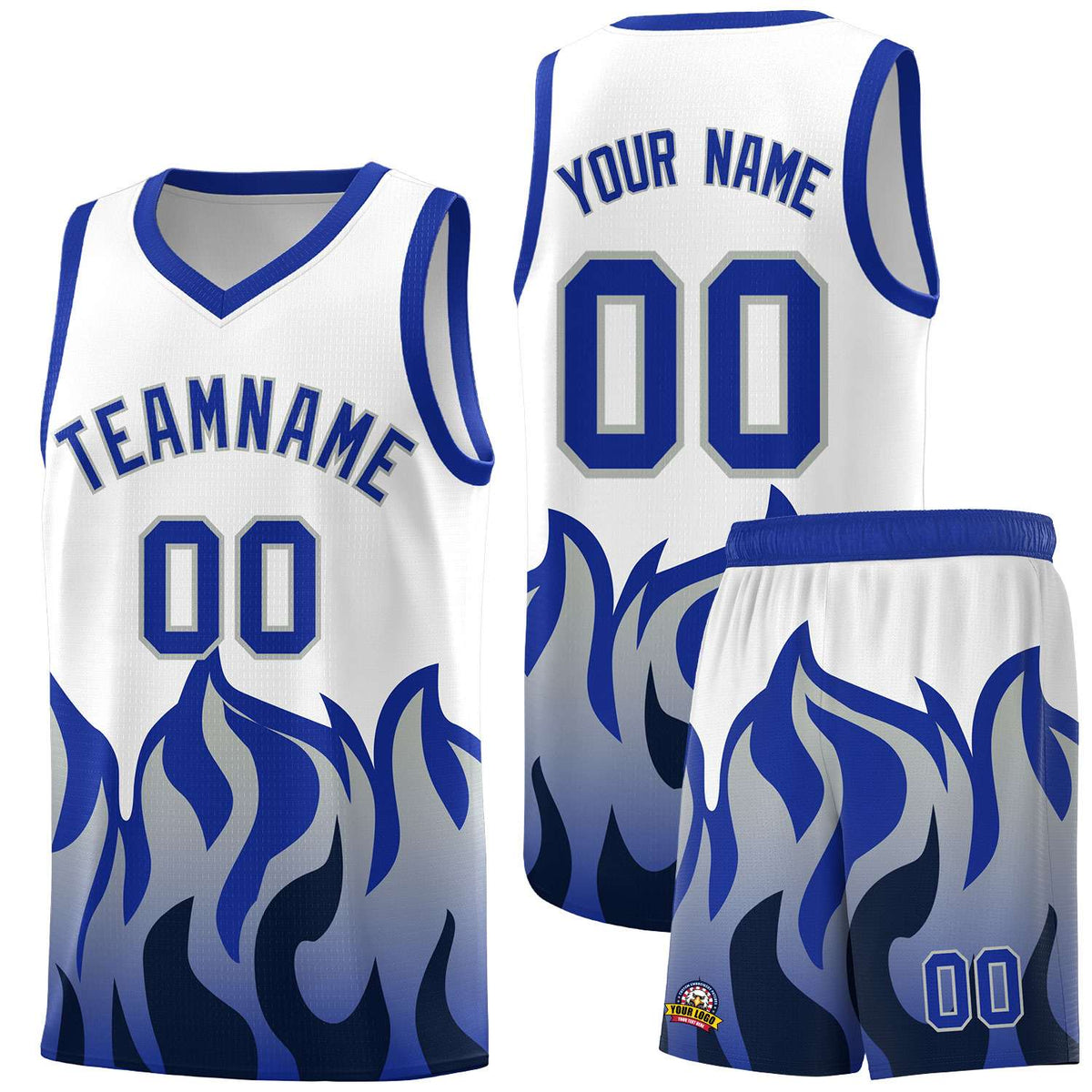 Custom White Royal Hem Flame Pattern Fashion Sports Uniform Basketball jersey