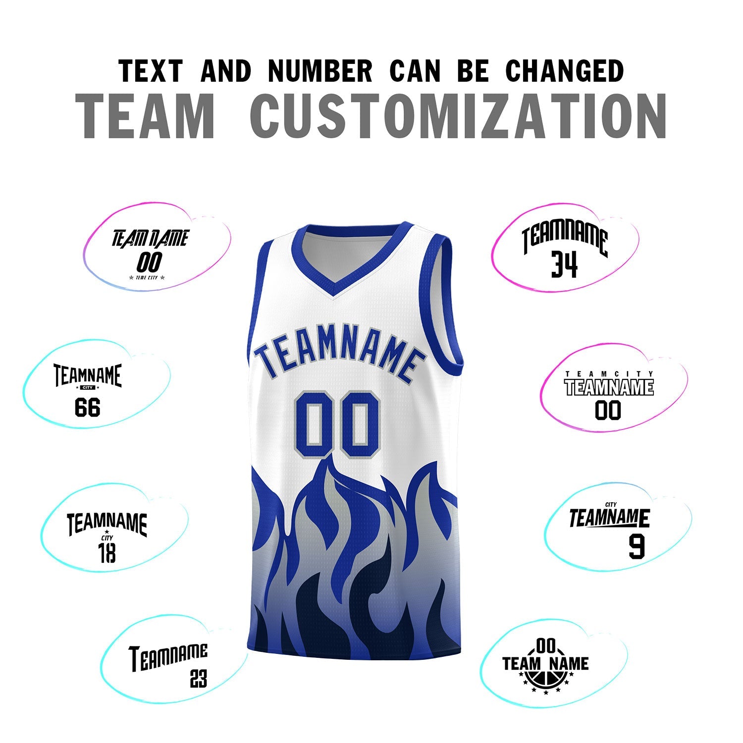 Custom White Royal Hem Flame Pattern Fashion Sports Uniform Basketball jersey