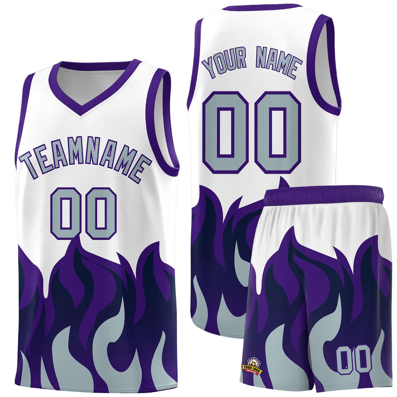 Custom White Purple Hem Flame Pattern Fashion Sports Uniform Basketball jersey