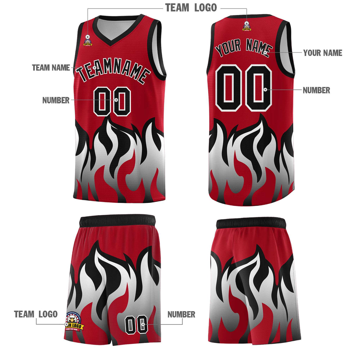 Custom Red Black Hem Flame Pattern Fashion Sports Uniform Basketball jersey