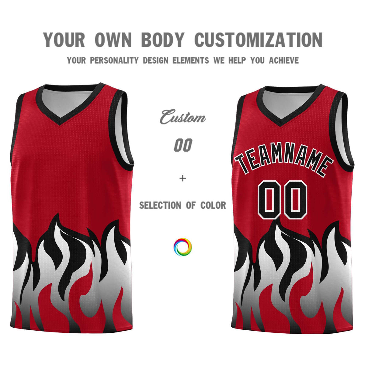 Custom Red Black Hem Flame Pattern Fashion Sports Uniform Basketball jersey