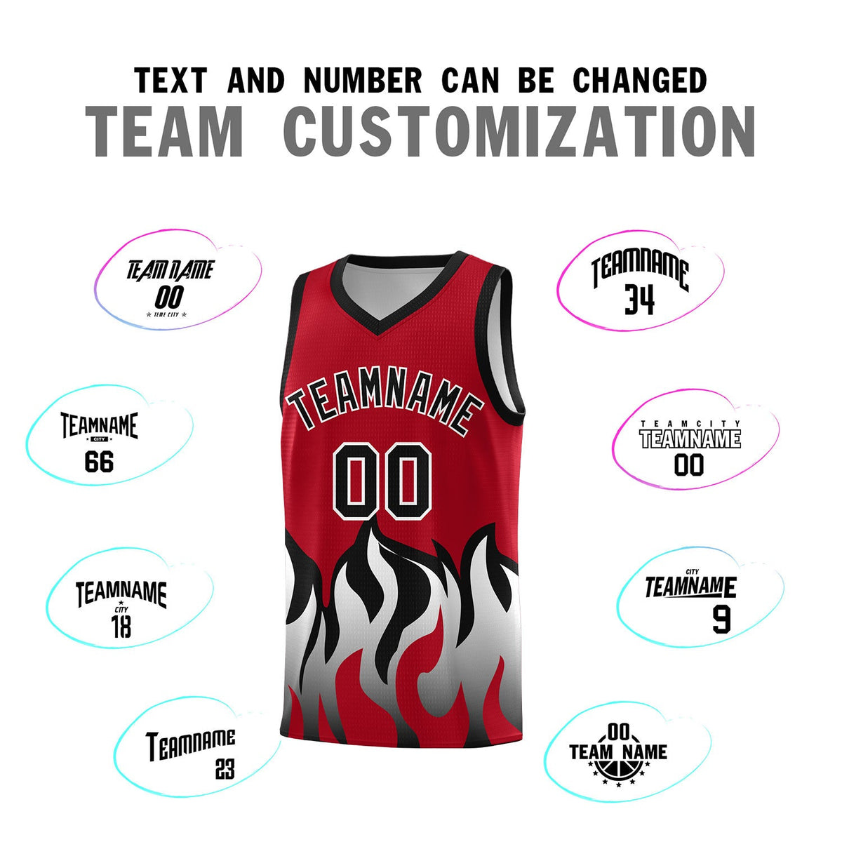 Custom Red Black Hem Flame Pattern Fashion Sports Uniform Basketball jersey