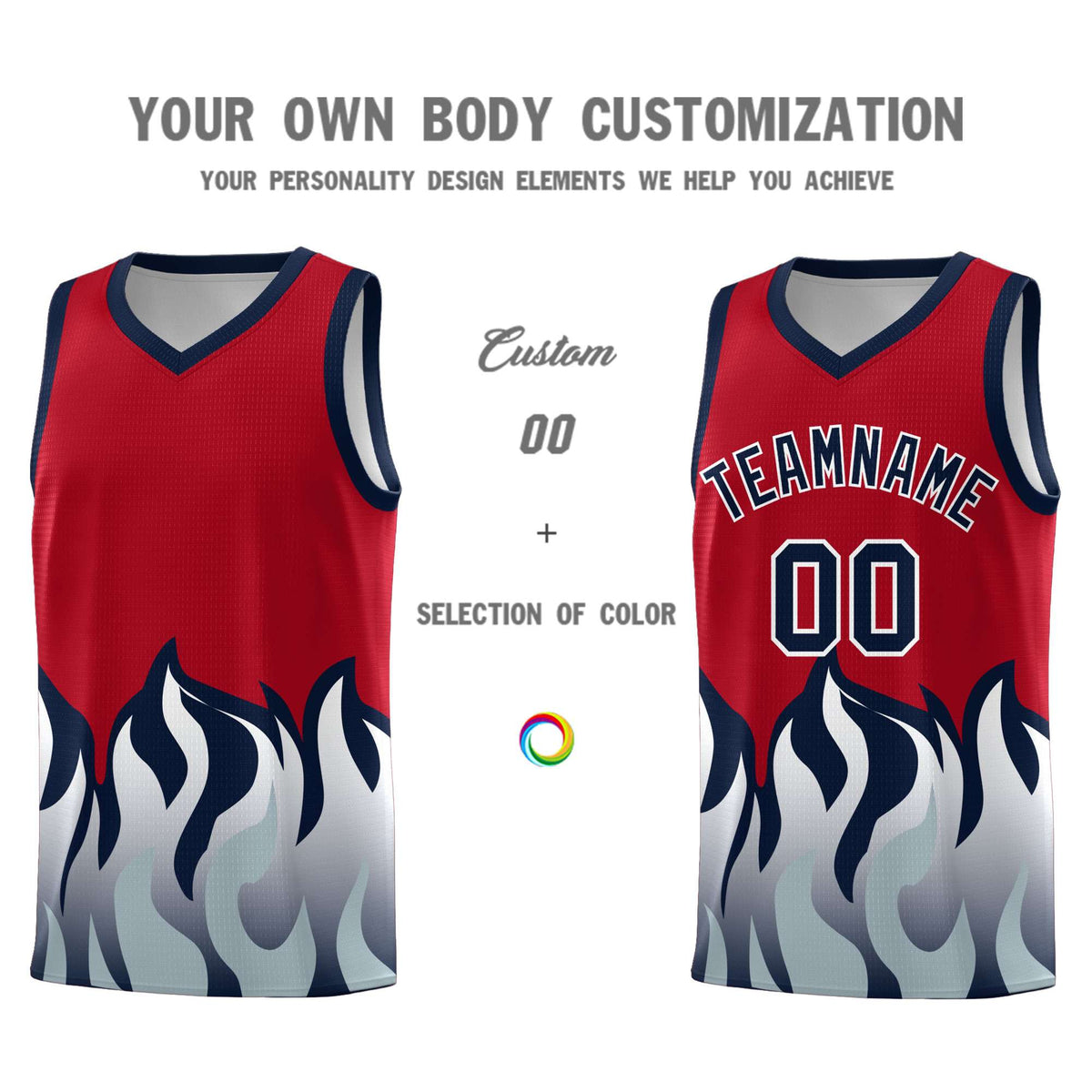 Custom Red Navy Hem Flame Pattern Fashion Sports Uniform Basketball jersey