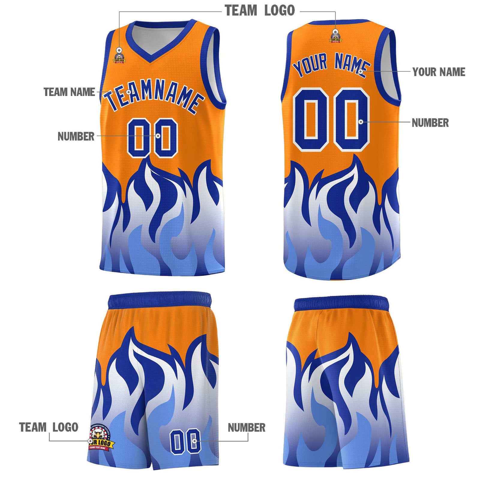 Custom Orange Royal Hem Flame Pattern Fashion Sports Uniform Basketball jersey