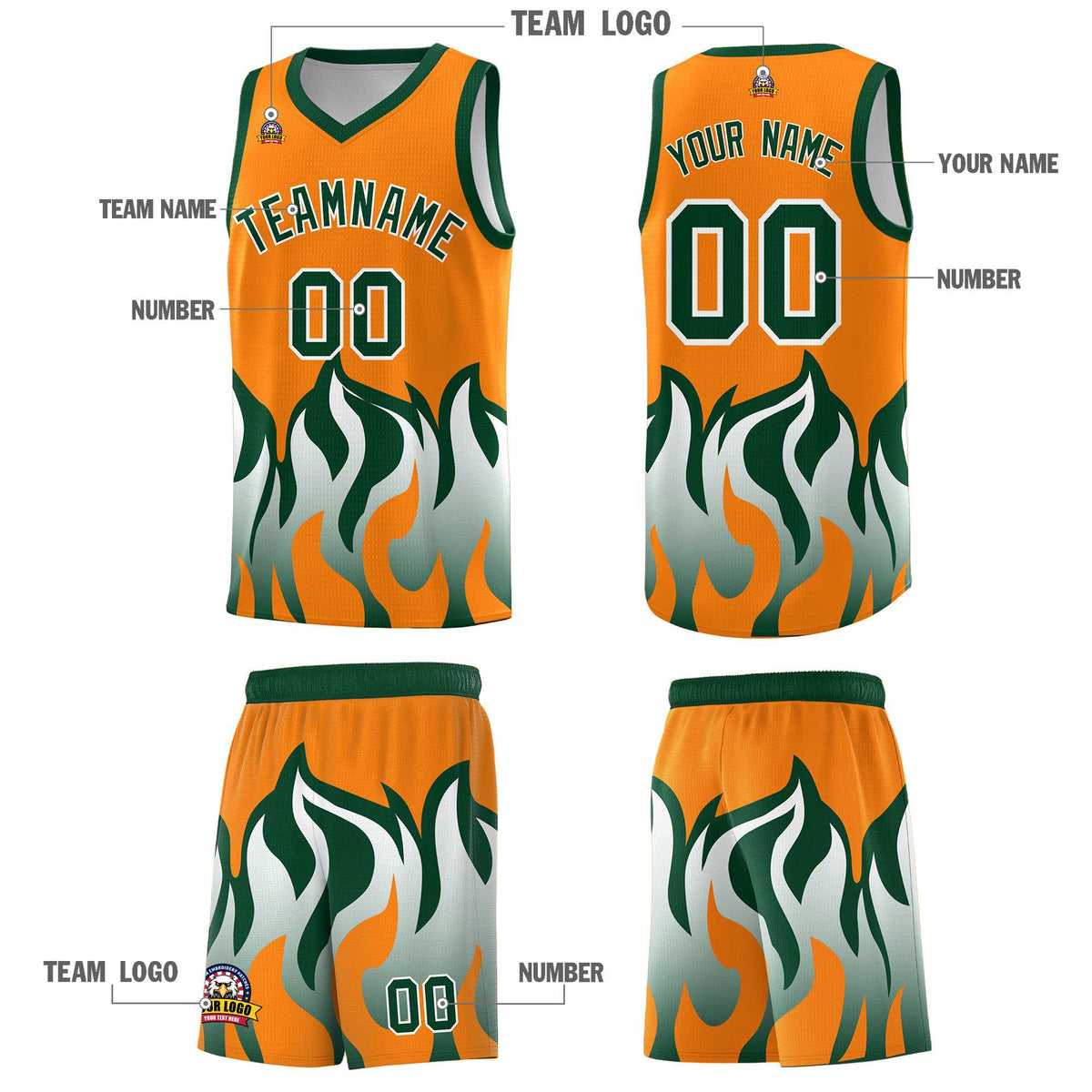 Custom Orange Hunter Green Hem Flame Pattern Fashion Sports Uniform Basketball jersey