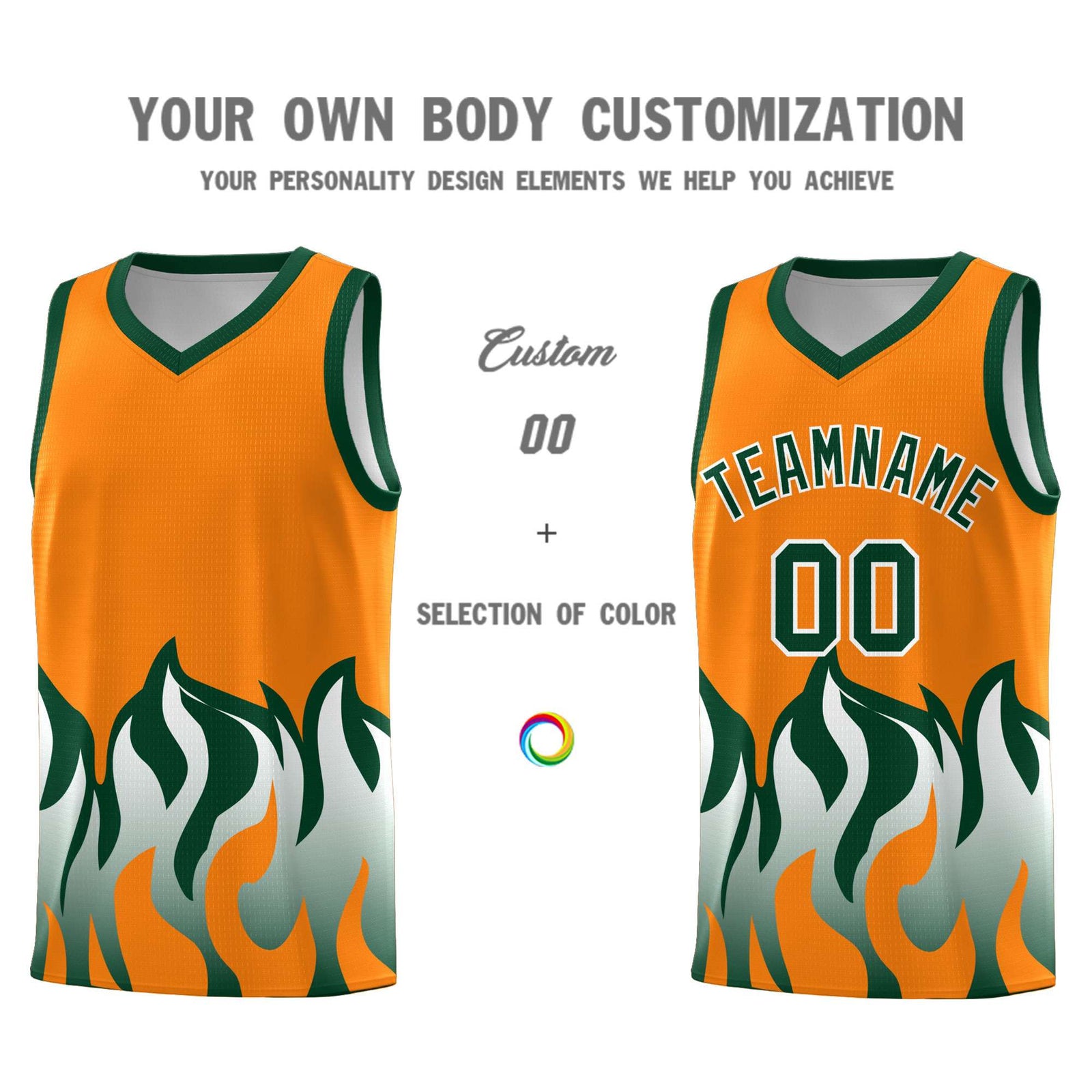 Custom Orange Hunter Green Hem Flame Pattern Fashion Sports Uniform Basketball jersey