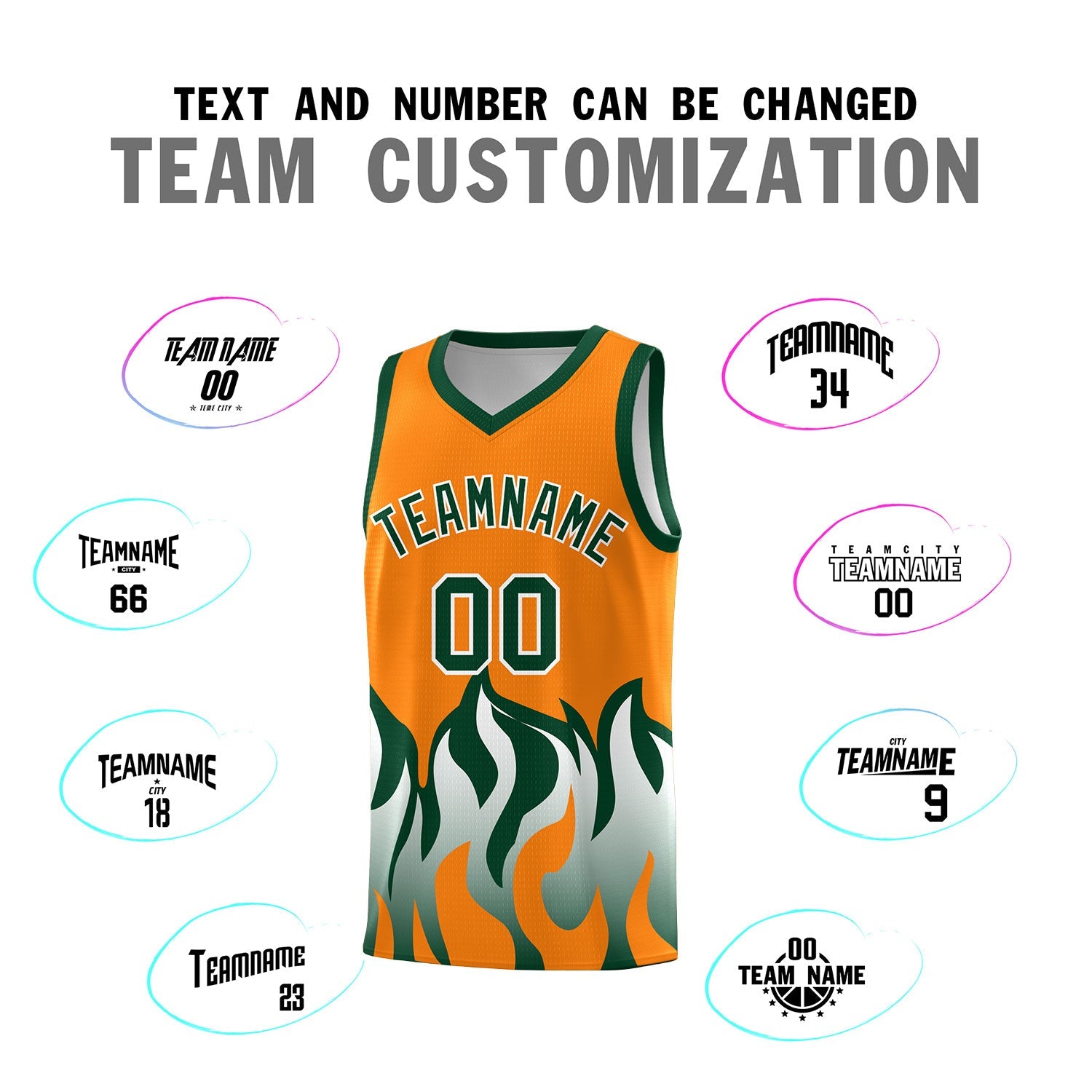 Custom Orange Hunter Green Hem Flame Pattern Fashion Sports Uniform Basketball jersey