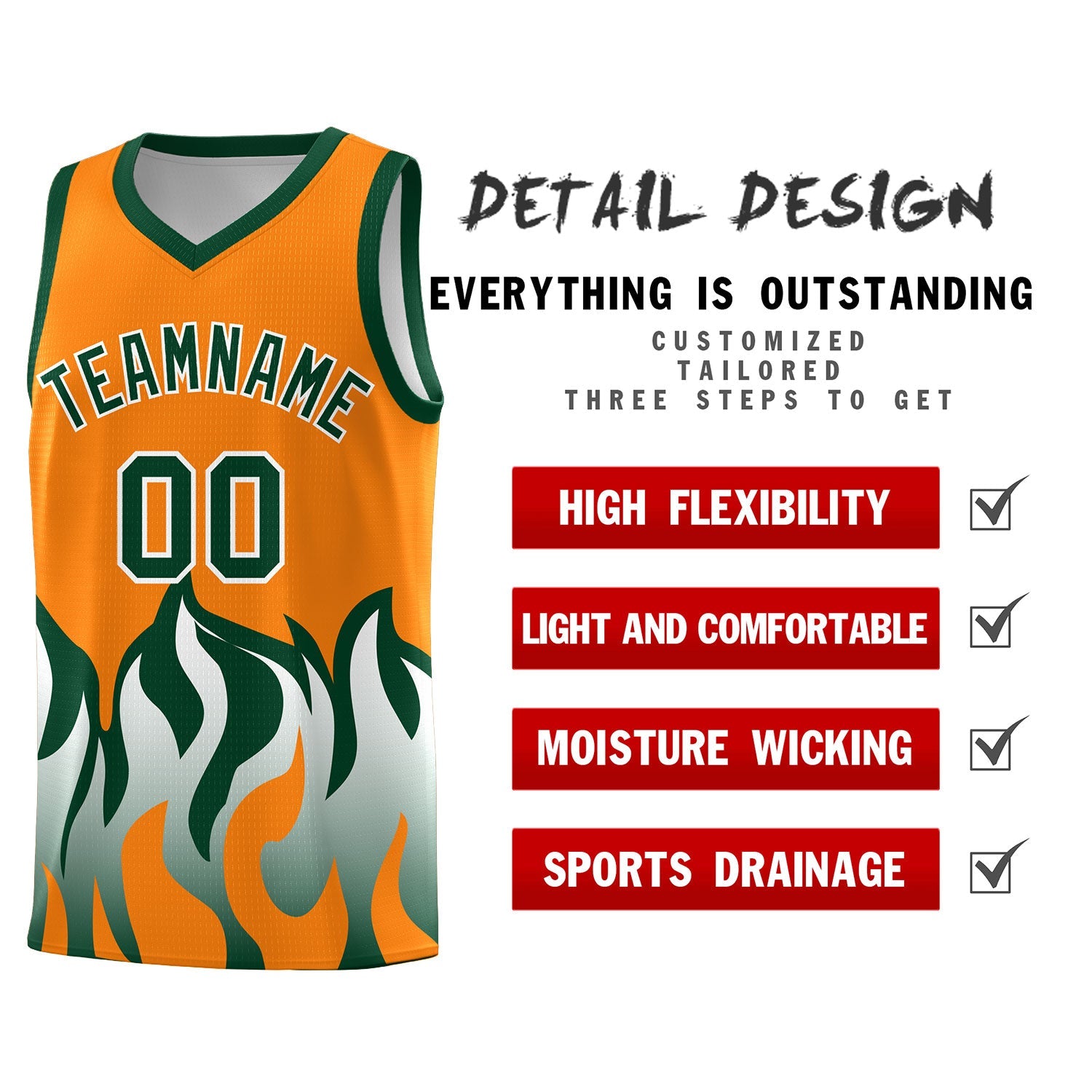 Custom Orange Hunter Green Hem Flame Pattern Fashion Sports Uniform Basketball jersey