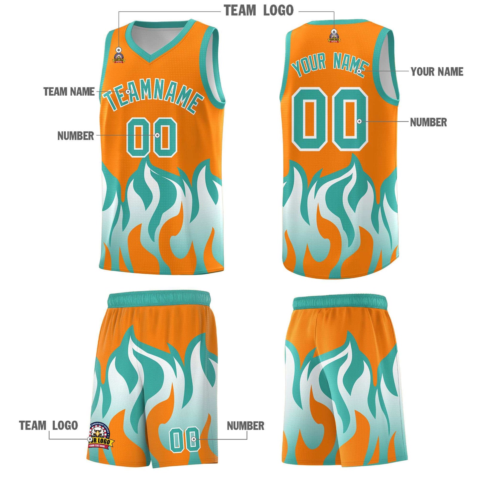 Custom Orange Bright Green Hem Flame Pattern Fashion Sports Uniform Basketball jersey
