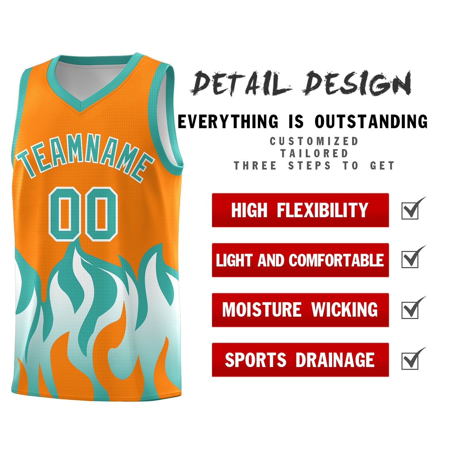 Custom Orange Bright Green Hem Flame Pattern Fashion Sports Uniform Basketball jersey