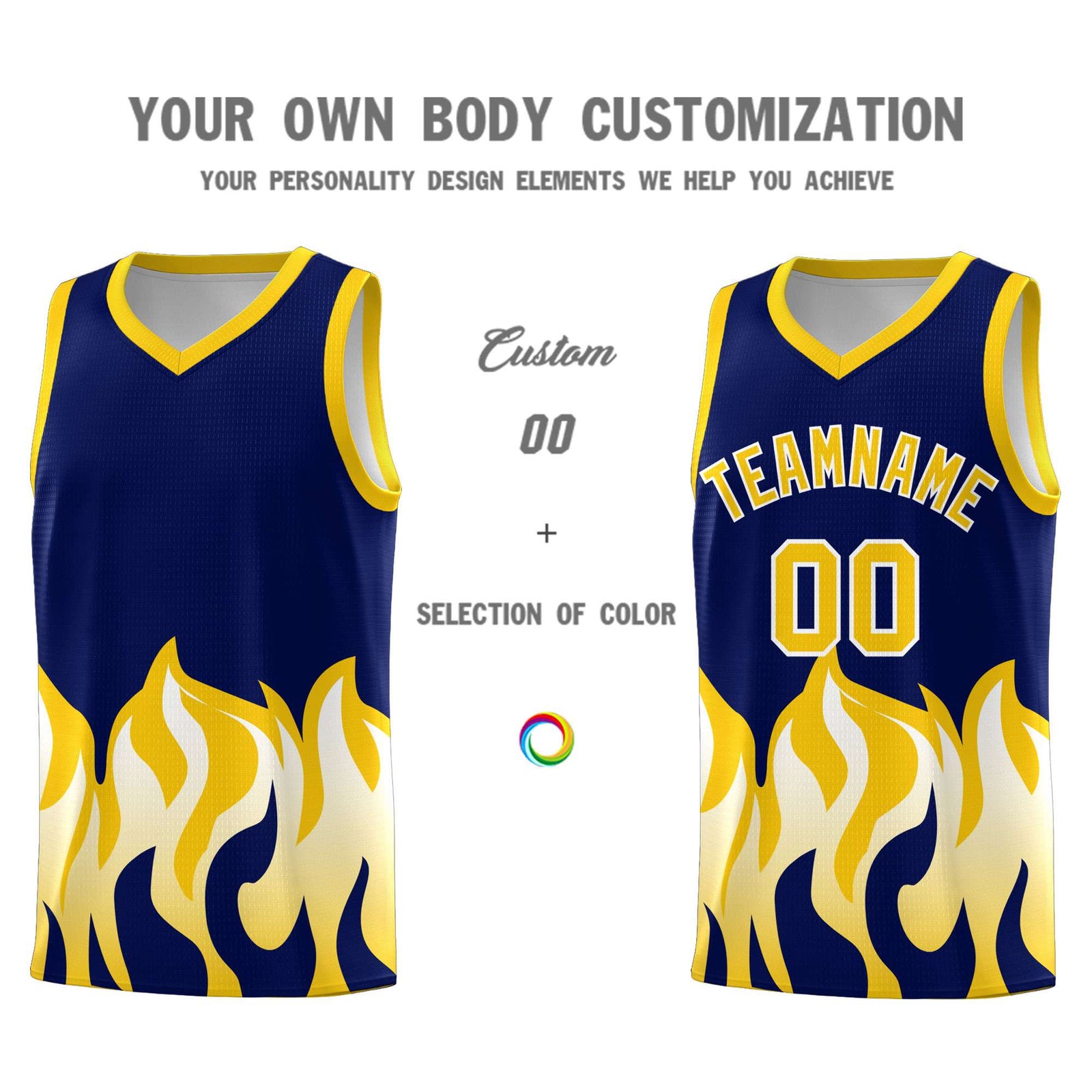 Custom Navy Gold Hem Flame Pattern Fashion Sports Uniform Basketball jersey