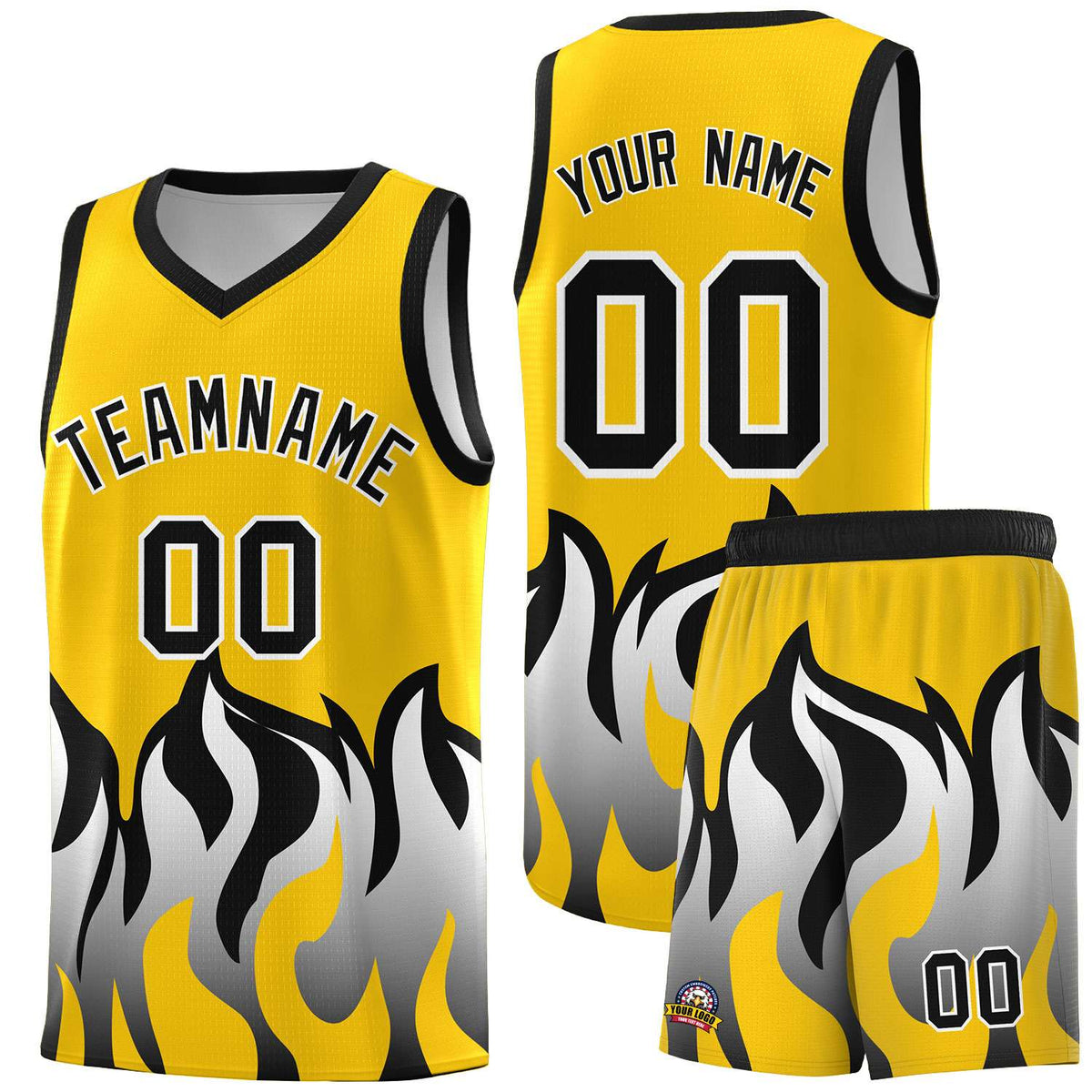 Custom Gold Black Hem Flame Pattern Fashion Sports Uniform Basketball jersey