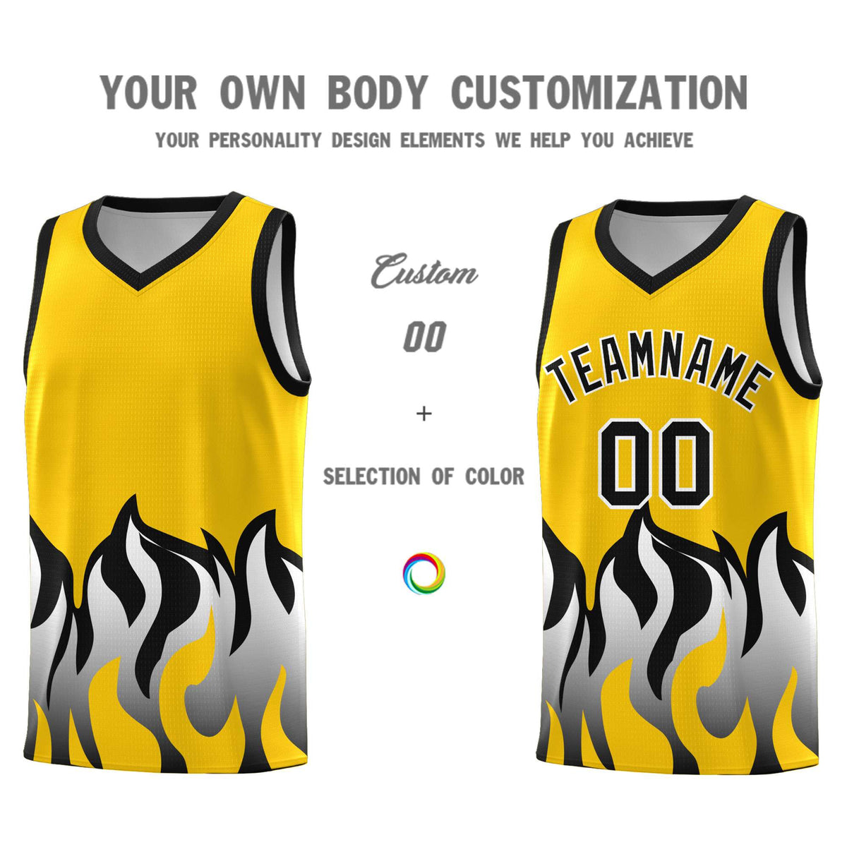 Custom Gold Black Hem Flame Pattern Fashion Sports Uniform Basketball jersey